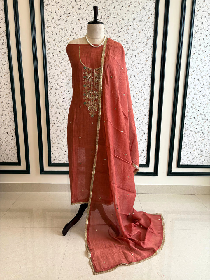 Elegant Rust Mal Cotton Suit with Bead Embellished Neckline