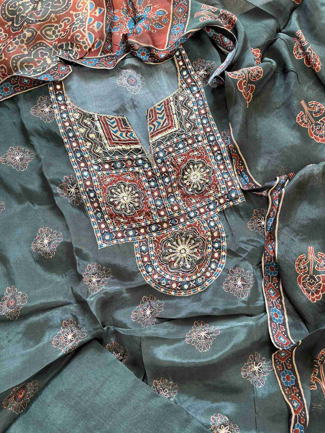 Pure Crepe Ajrakh Printed unstitched suit - The Zareesh