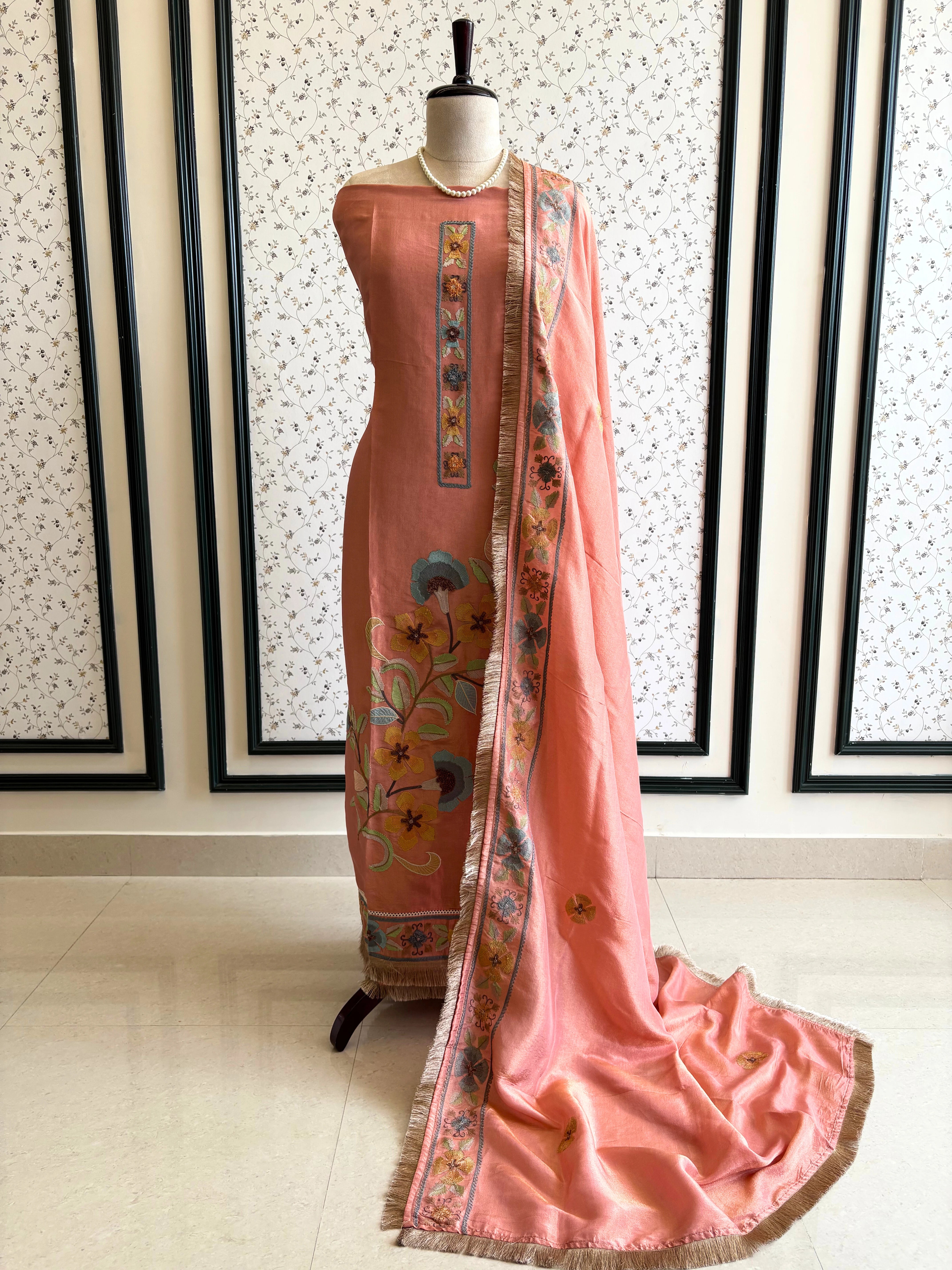 peach shimmer organza with kashida work and kiran lace highlighting