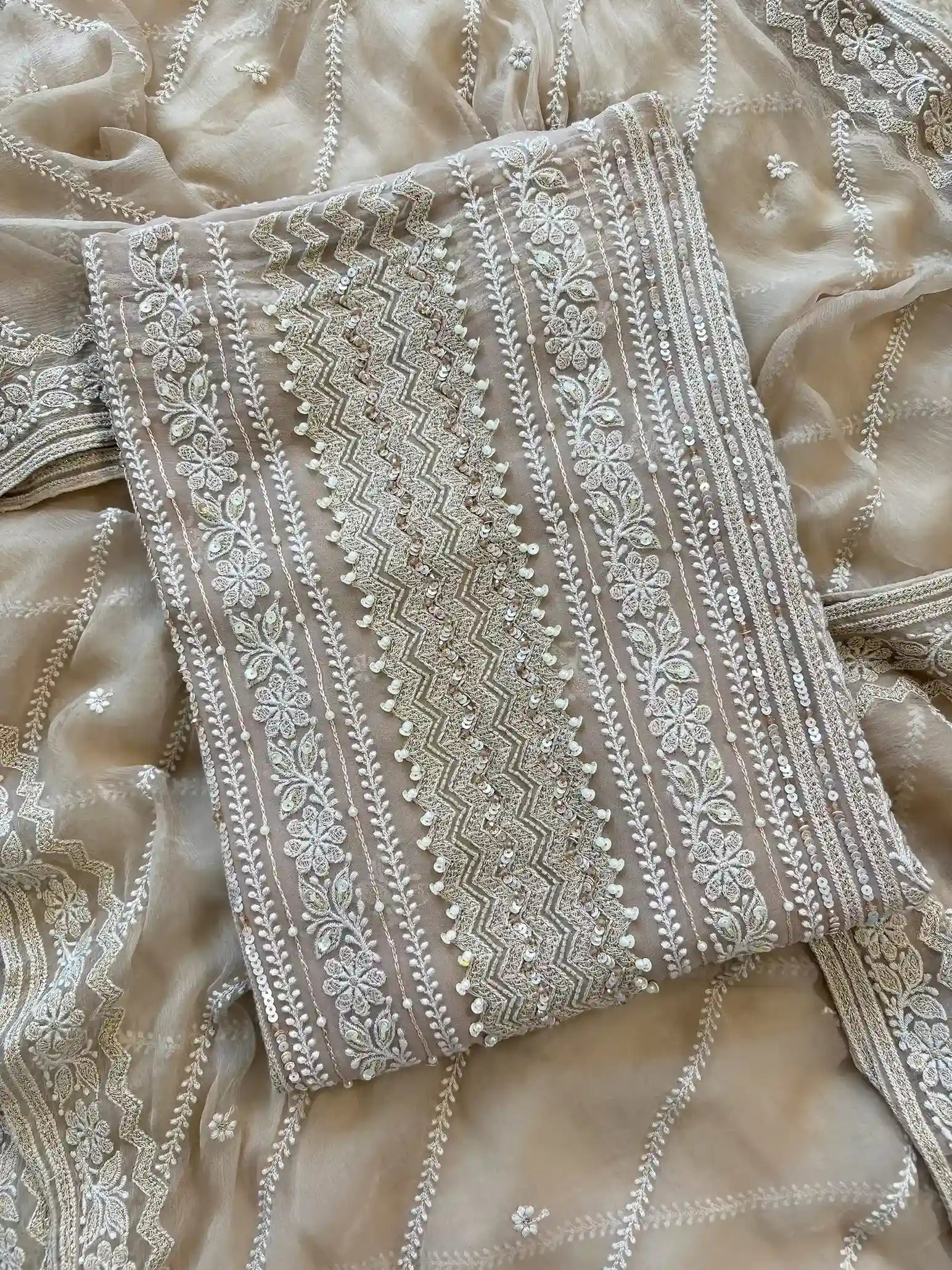 beige color georgette chikankari party wear unstitched suit for women