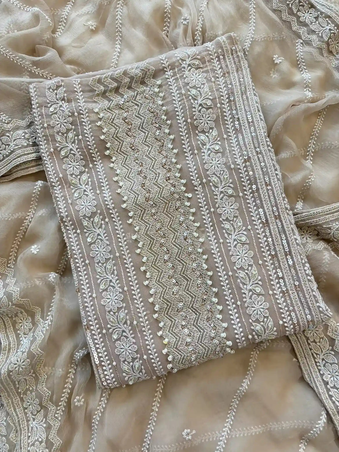 beige color georgette chikankari party wear unstitched suit for women