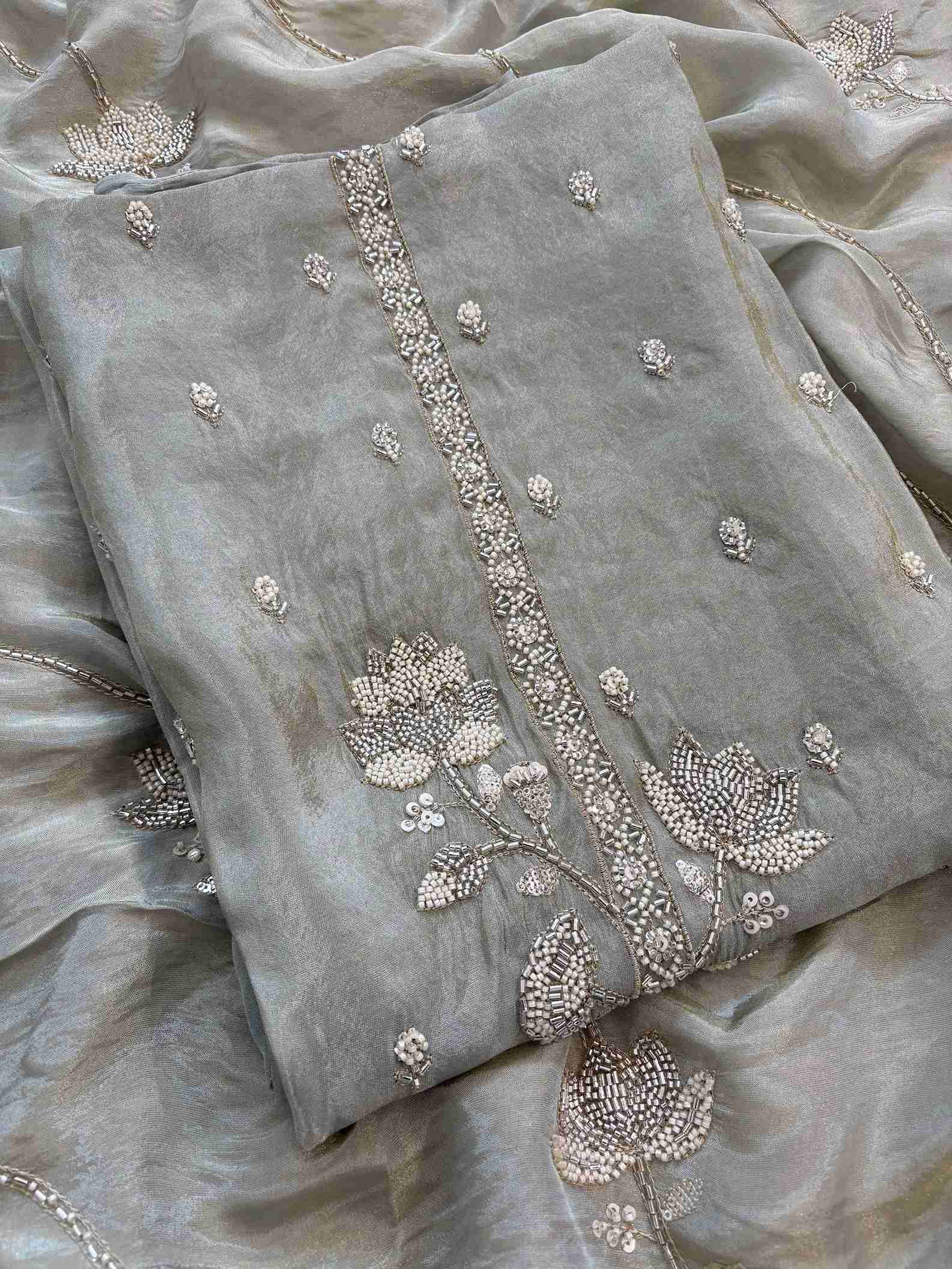 Shimmer Tissue Partywear Unstitched suits with dabka and cutdana work - The Zareesh