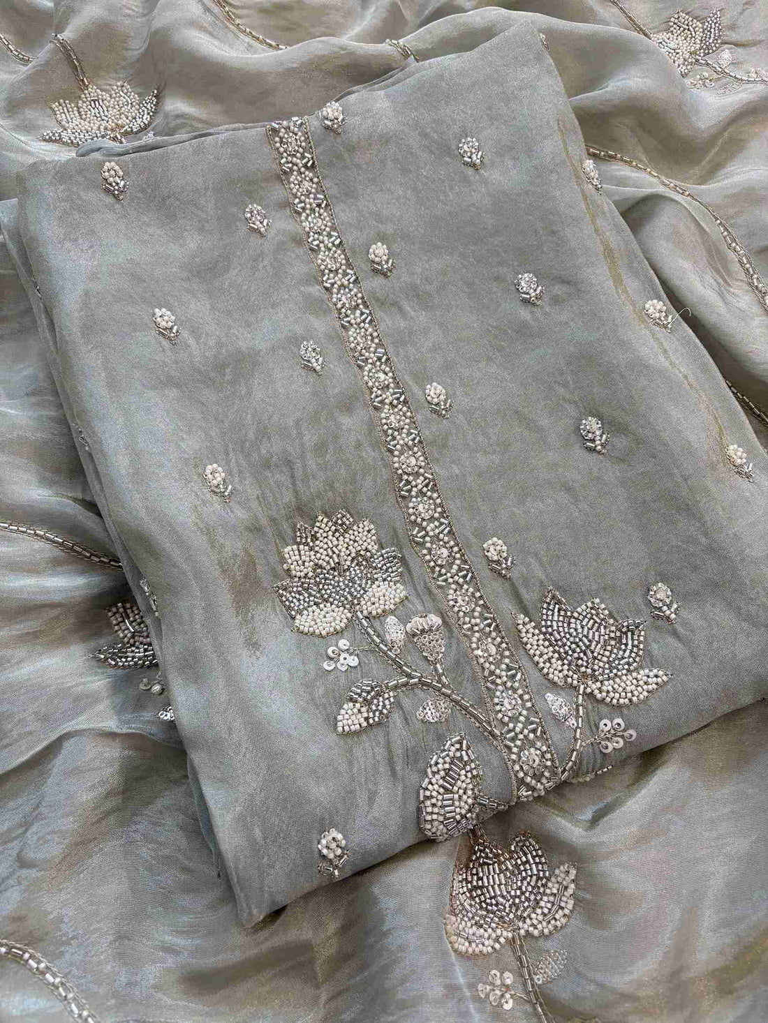 Shimmer Tissue Partywear Unstitched suits with dabka and cutdana work - The Zareesh