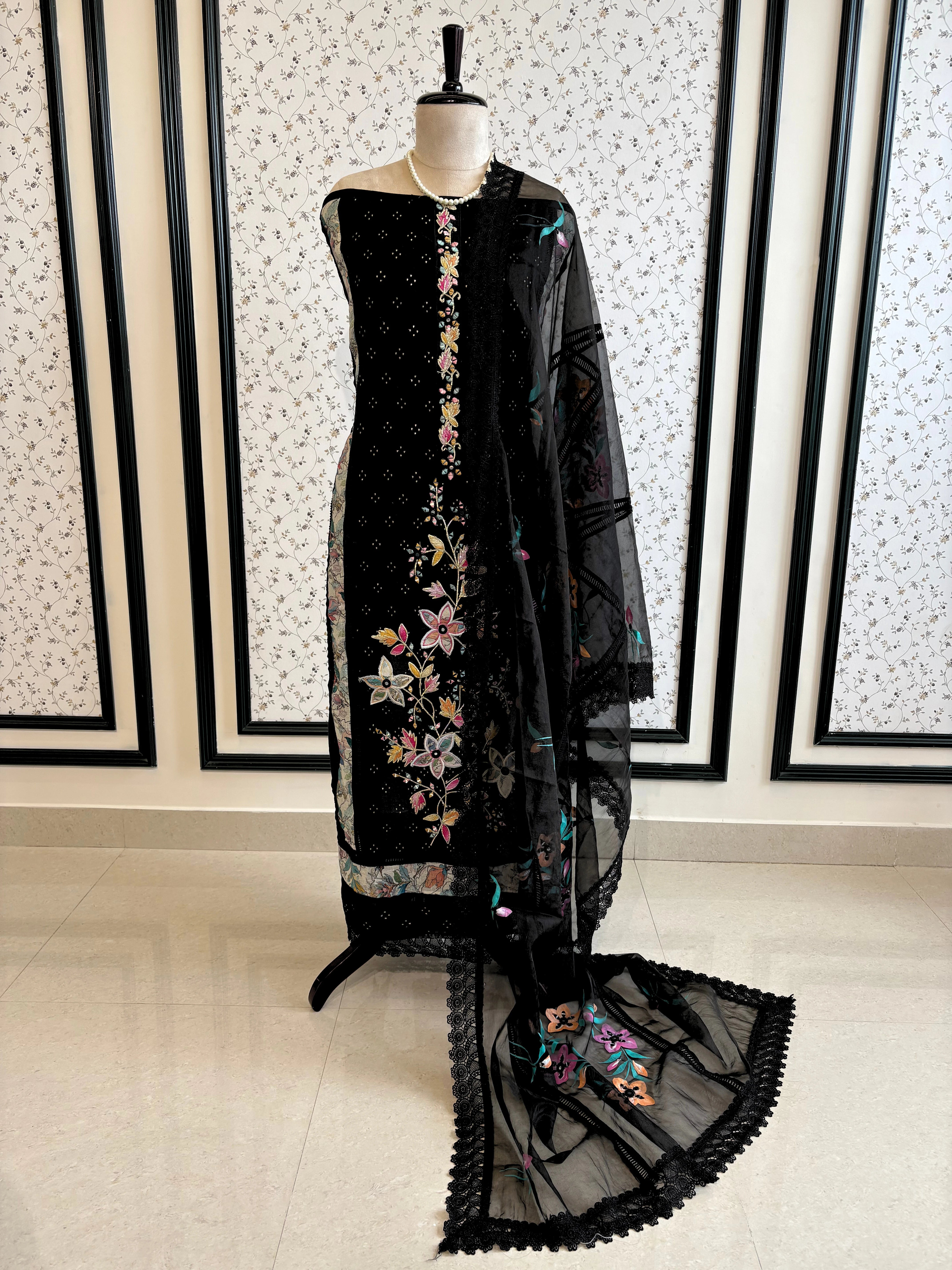 black linen suit with embroidered detailing and hand-painted floral organza dupatta, finished with lace border – unstitched ethnic wear set