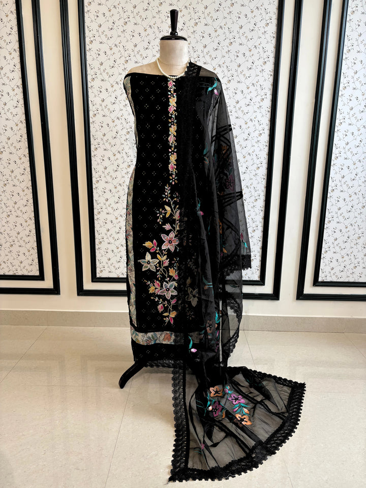 black linen suit with embroidered detailing and hand-painted floral organza dupatta, finished with lace border – unstitched ethnic wear set