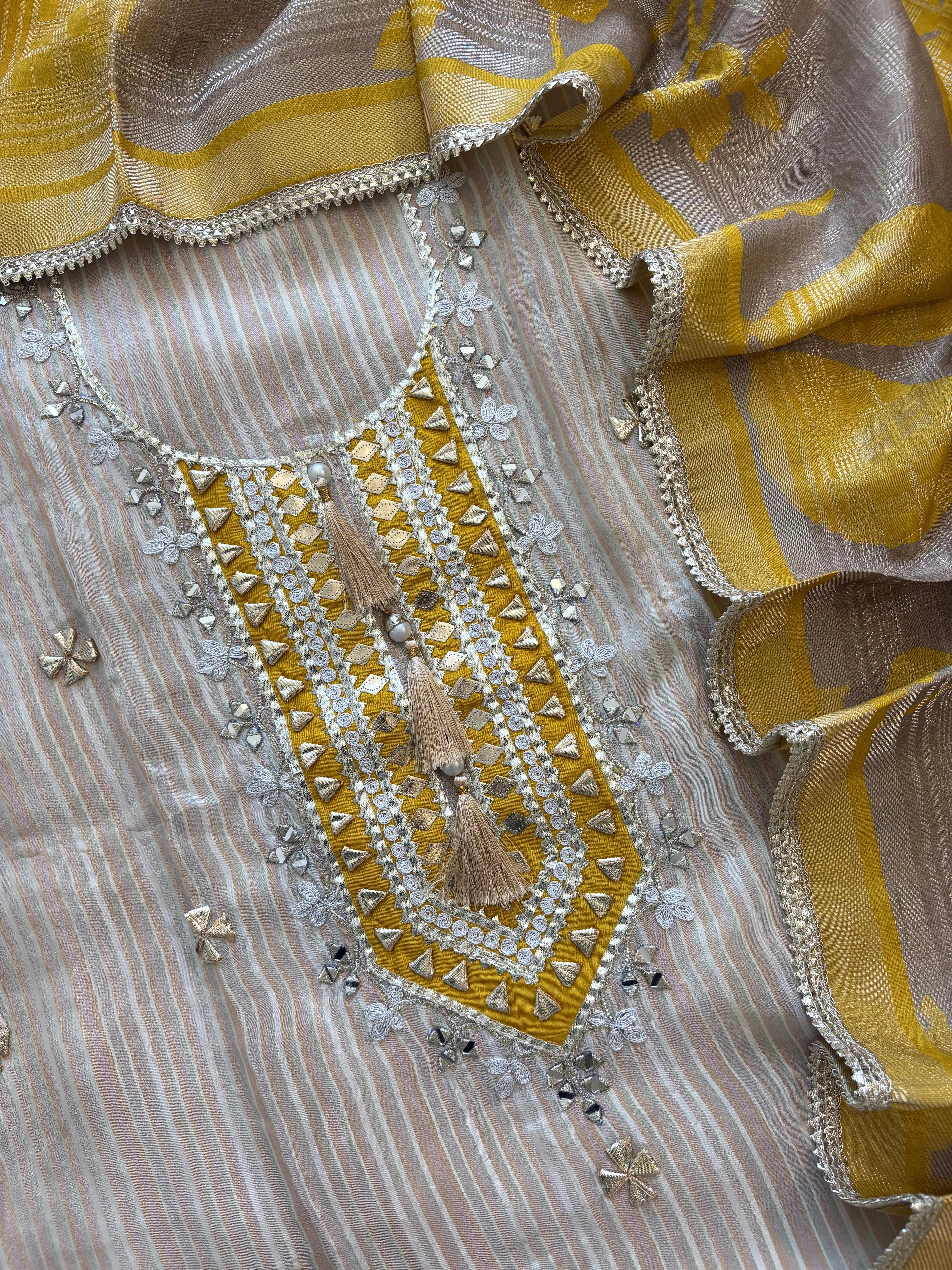 Beige & Yellow Shimmer Organza Suit with Gotta Patti Embroidery