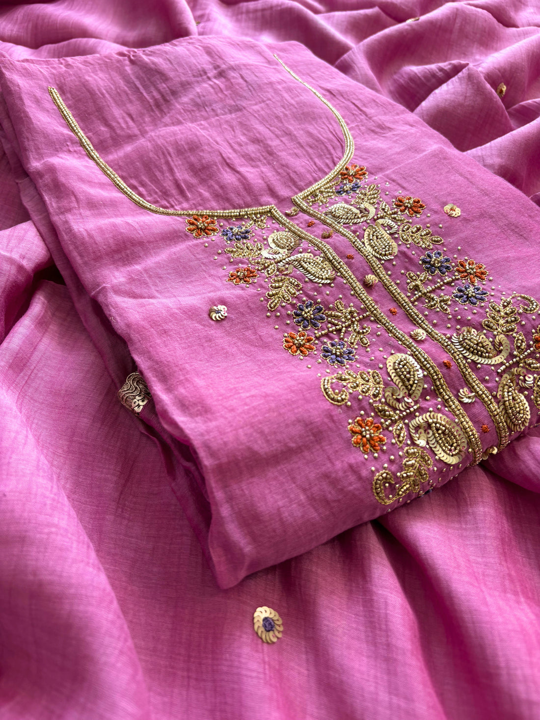 Elegant Pink Mal Cotton Suit with Bead Embellished Neckline