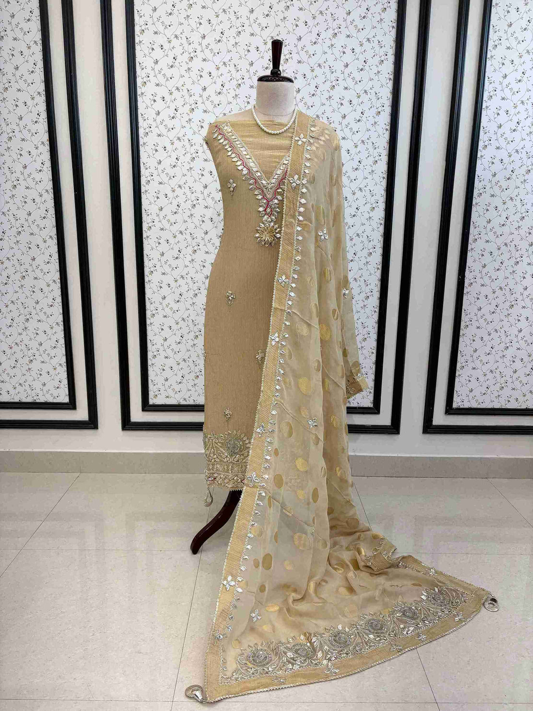 Crushed Tissue Silk unstitched suit with Gota Work - The Zareesh