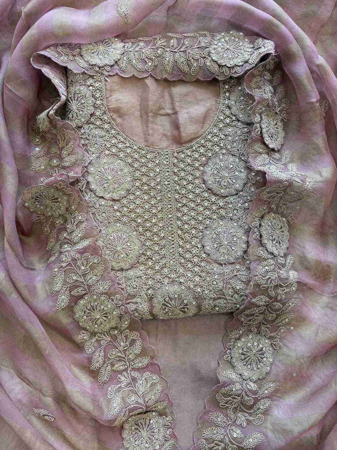 Tissue Unstitched Suit with Heavy Dori Work Neckline and Hemline