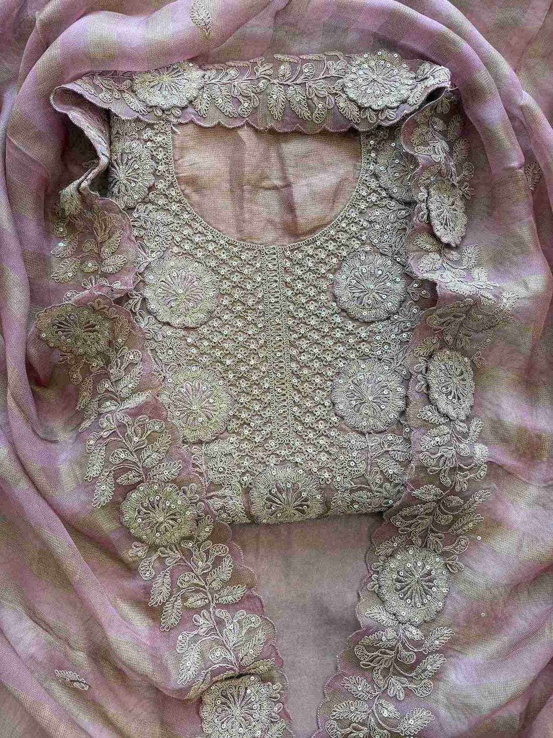 Tissue Unstitched Suit with Heavy Dori Work Neckline and Hemline