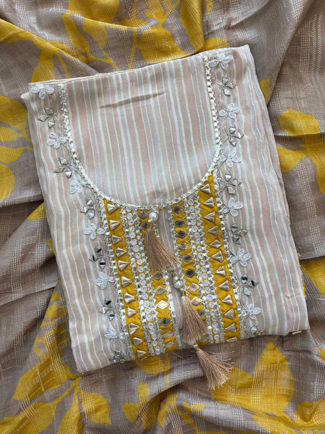 Beige & Yellow Shimmer Organza Suit with Gotta Patti Embroidery