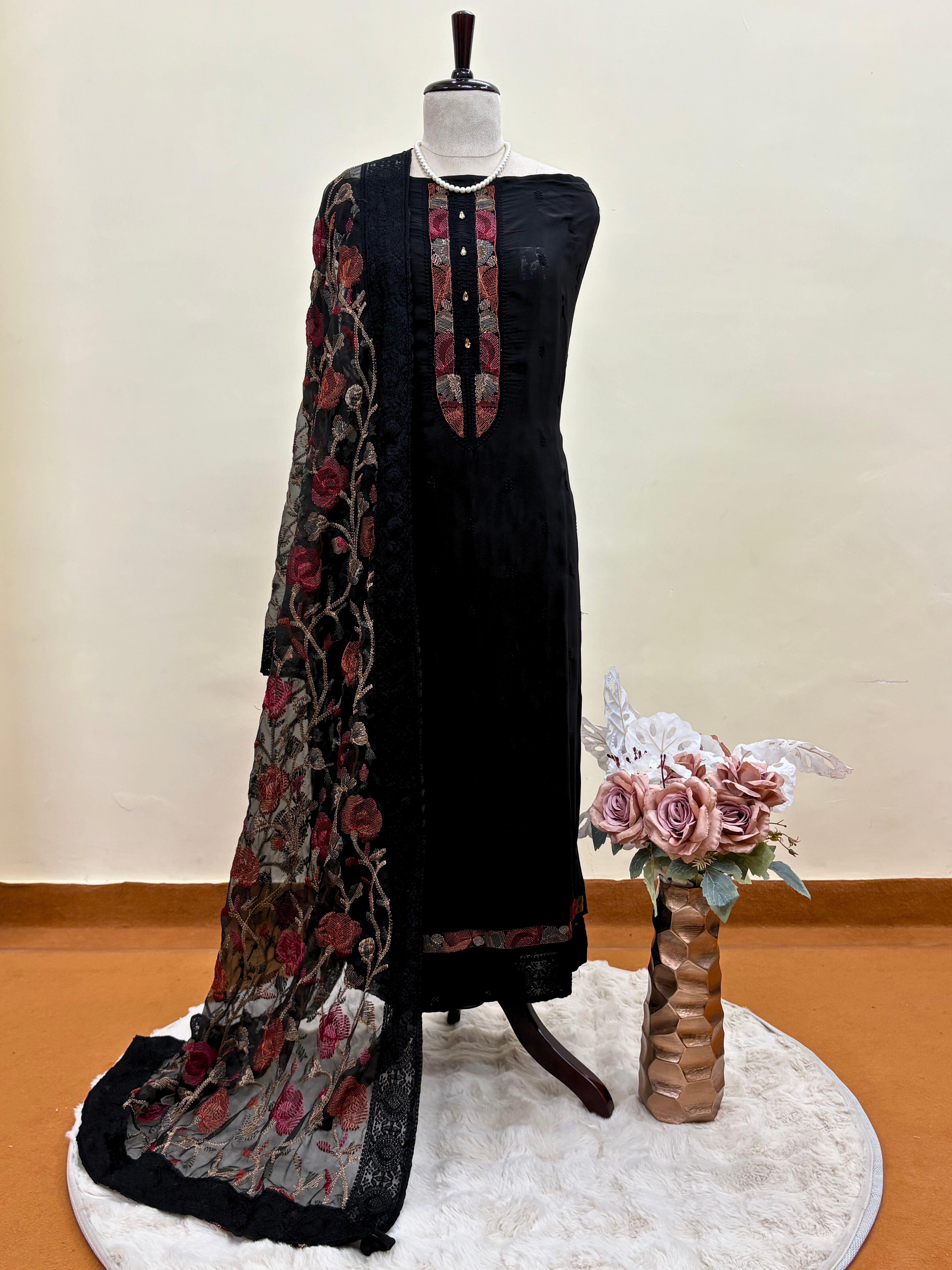 Gul-e-Ishq: Black Suit with Rose Threadwork & Sheer Floral Dupatta