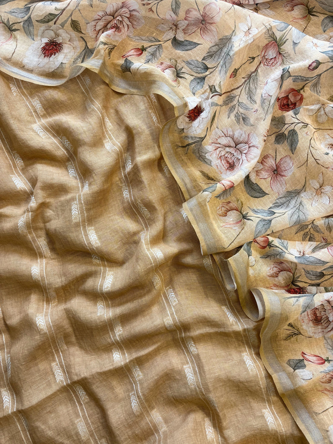 beige linen suit with minimal white thread embroidery on kurta and floral digital printed dupatta, perfect for summer events and festive daywear.