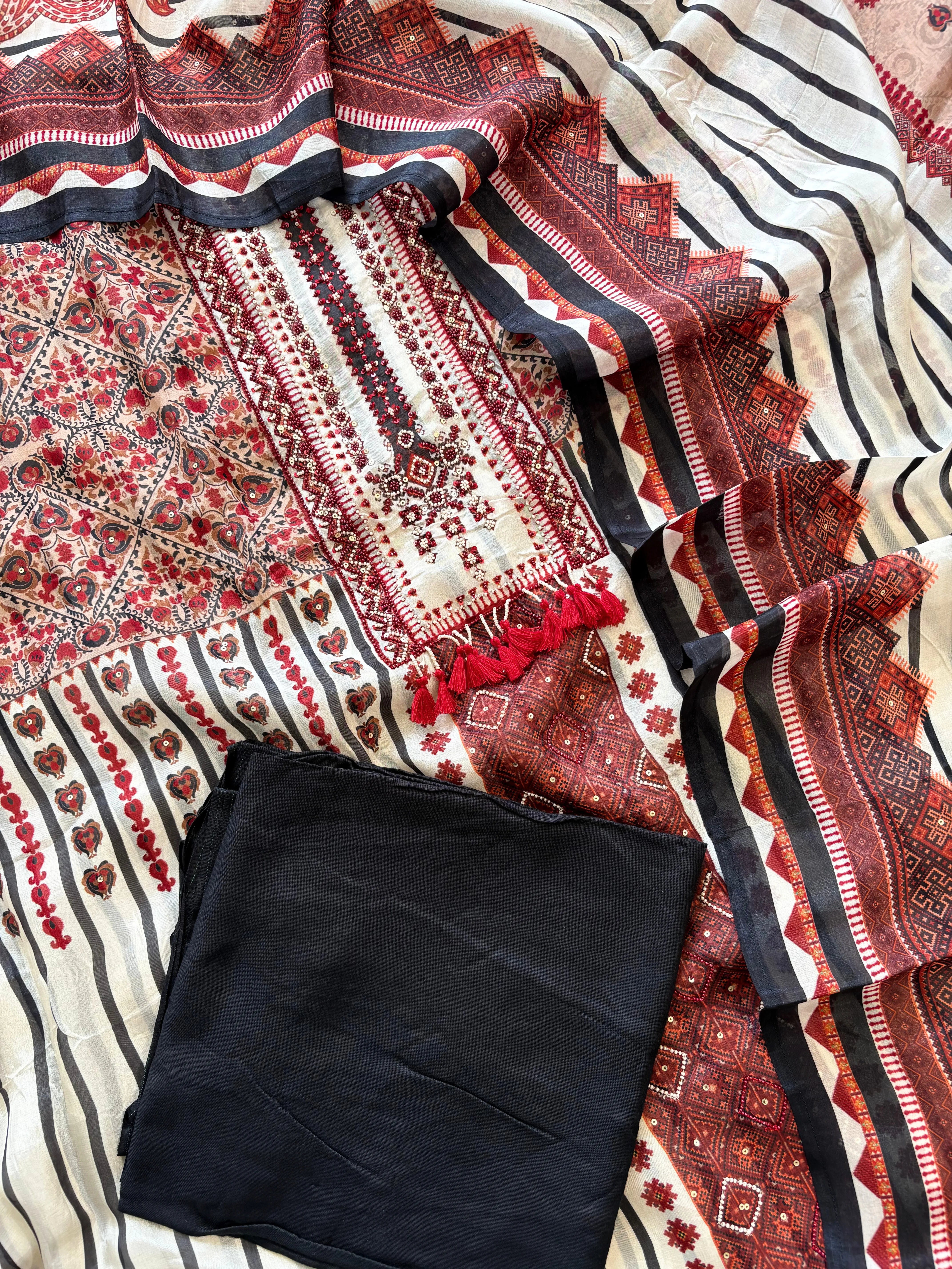 Black and white satin organza unstitched suits for ladies