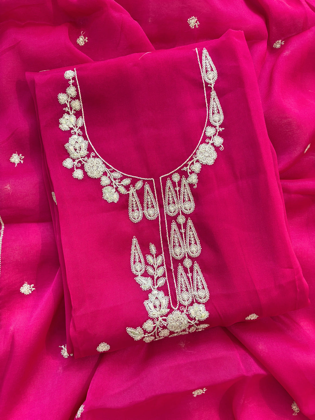 Hot Pink Organza Unstitched Suit with dabka Embroidery Dupatta - Festive & Wedding Wear