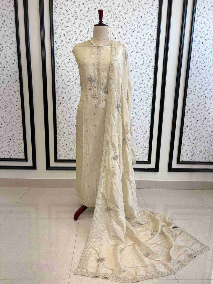 Gulnaar Glow: Blush Pure Soft Tissue Unstitched Suit with Glitter Neck & Hand Embroidered Dupatta