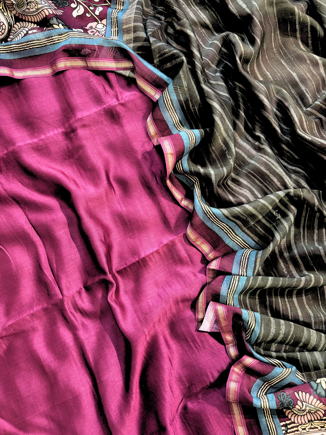 Magenta and grey Maheshwari silk unstitched suit with striped dupatta, ethnic motifs, and contrast borders – festive ethnic wear