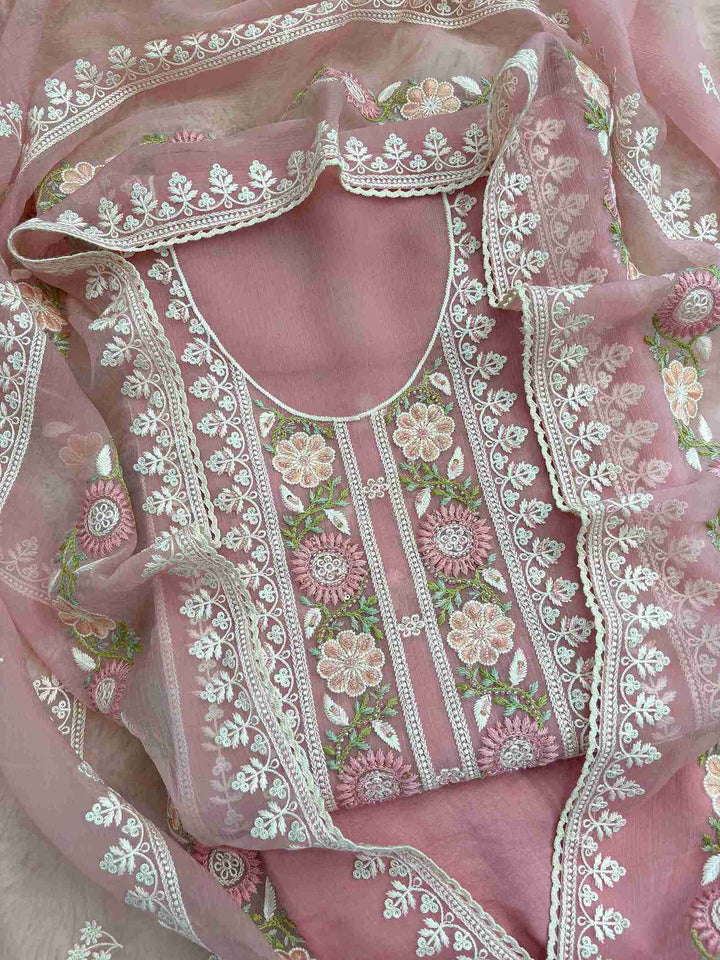 Crushed Pink Chiffon Unstitched Suit - The Zareesh