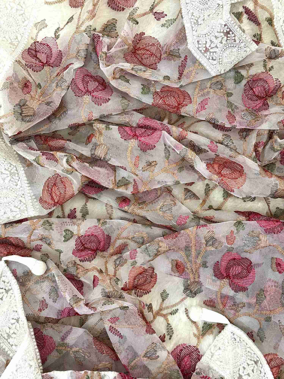 white crepe unstitched suit with jaal work dupatta