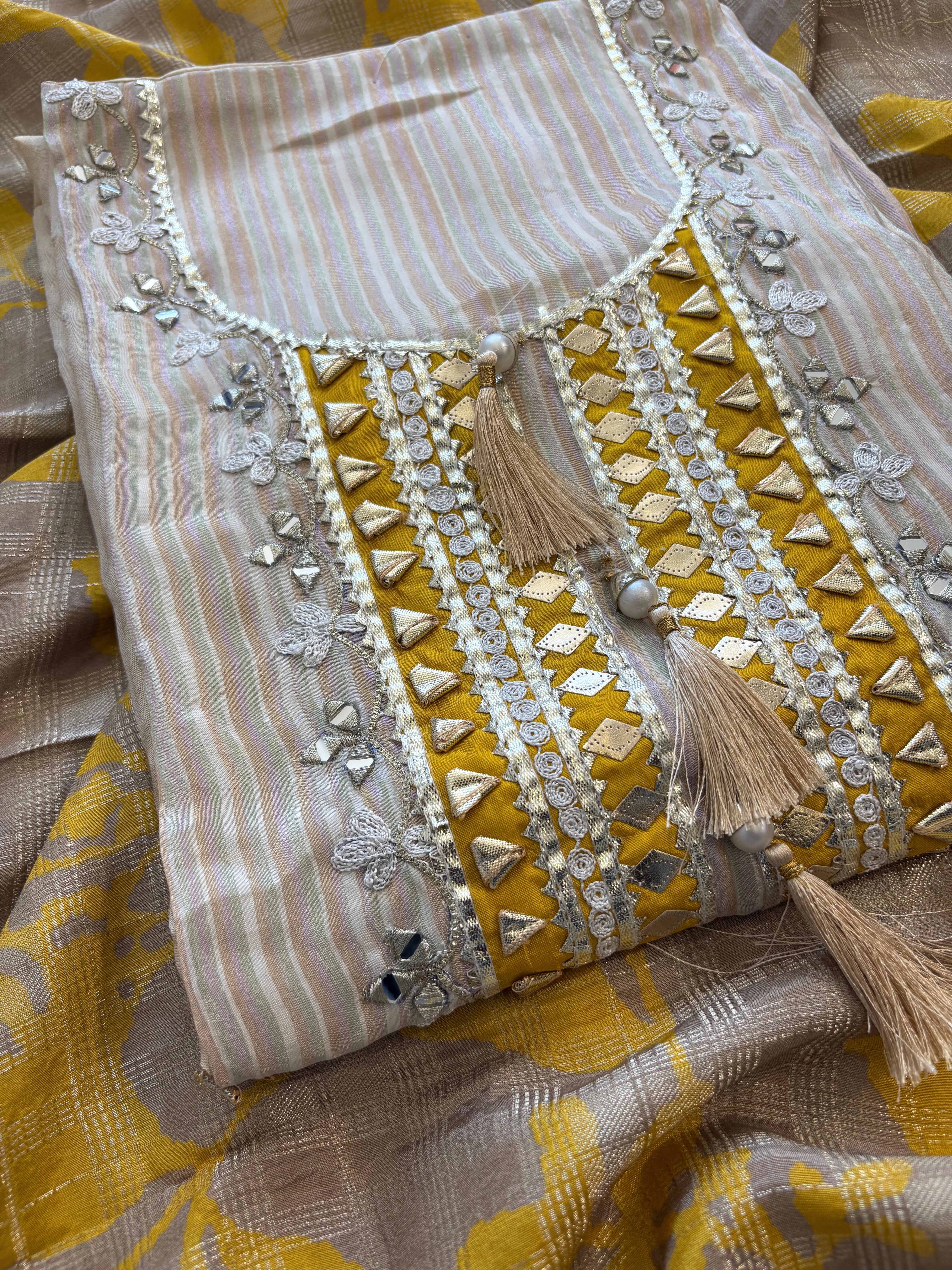 Beige & Yellow Shimmer Organza Suit with Gotta Patti Embroidery