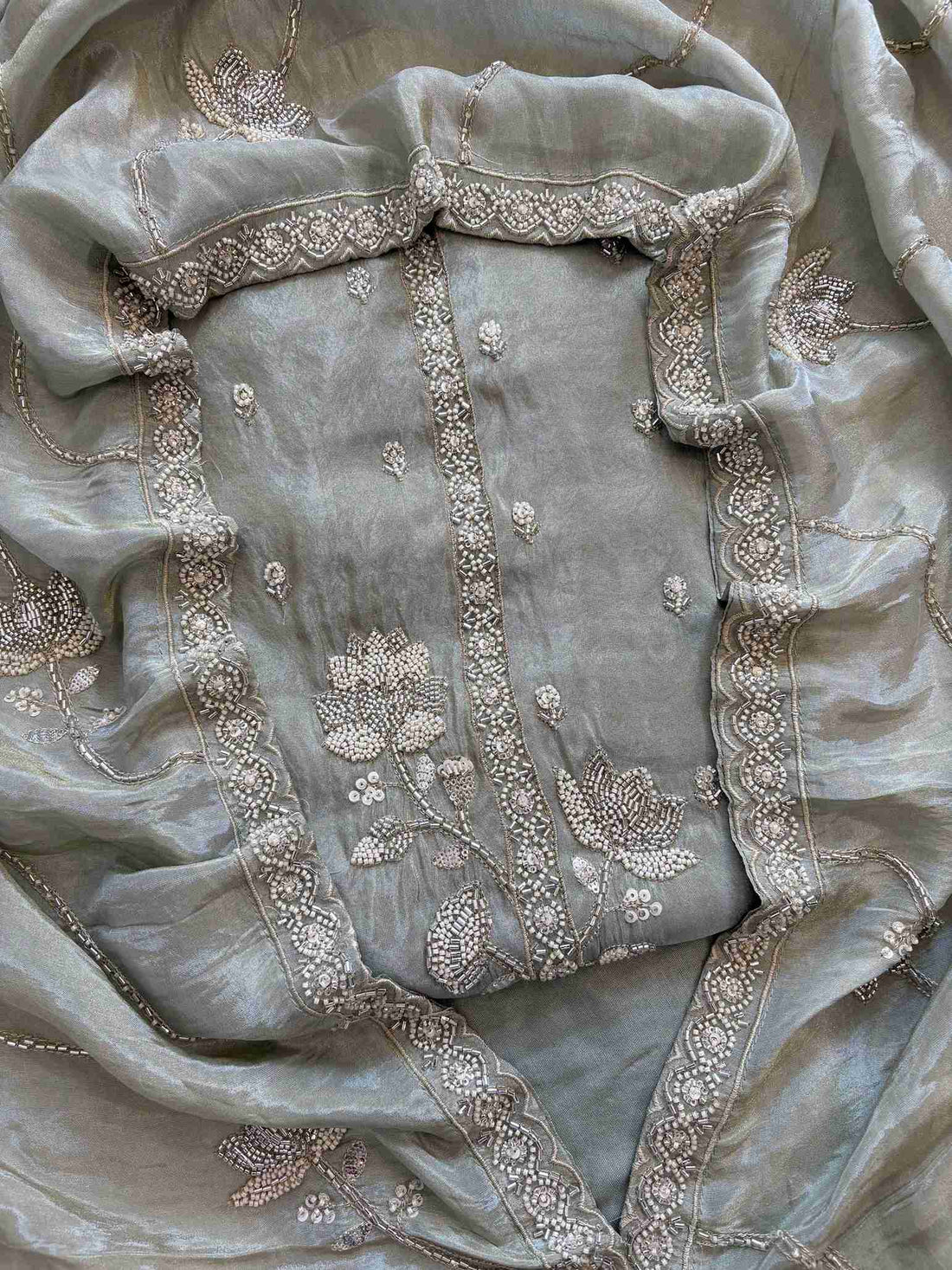 Shimmer Tissue Partywear Unstitched suits with dabka and cutdana work - The Zareesh