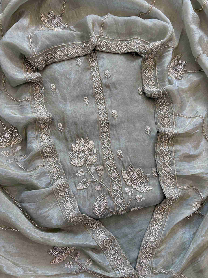 Shimmer Tissue Partywear Unstitched suits with dabka and cutdana work - The Zareesh