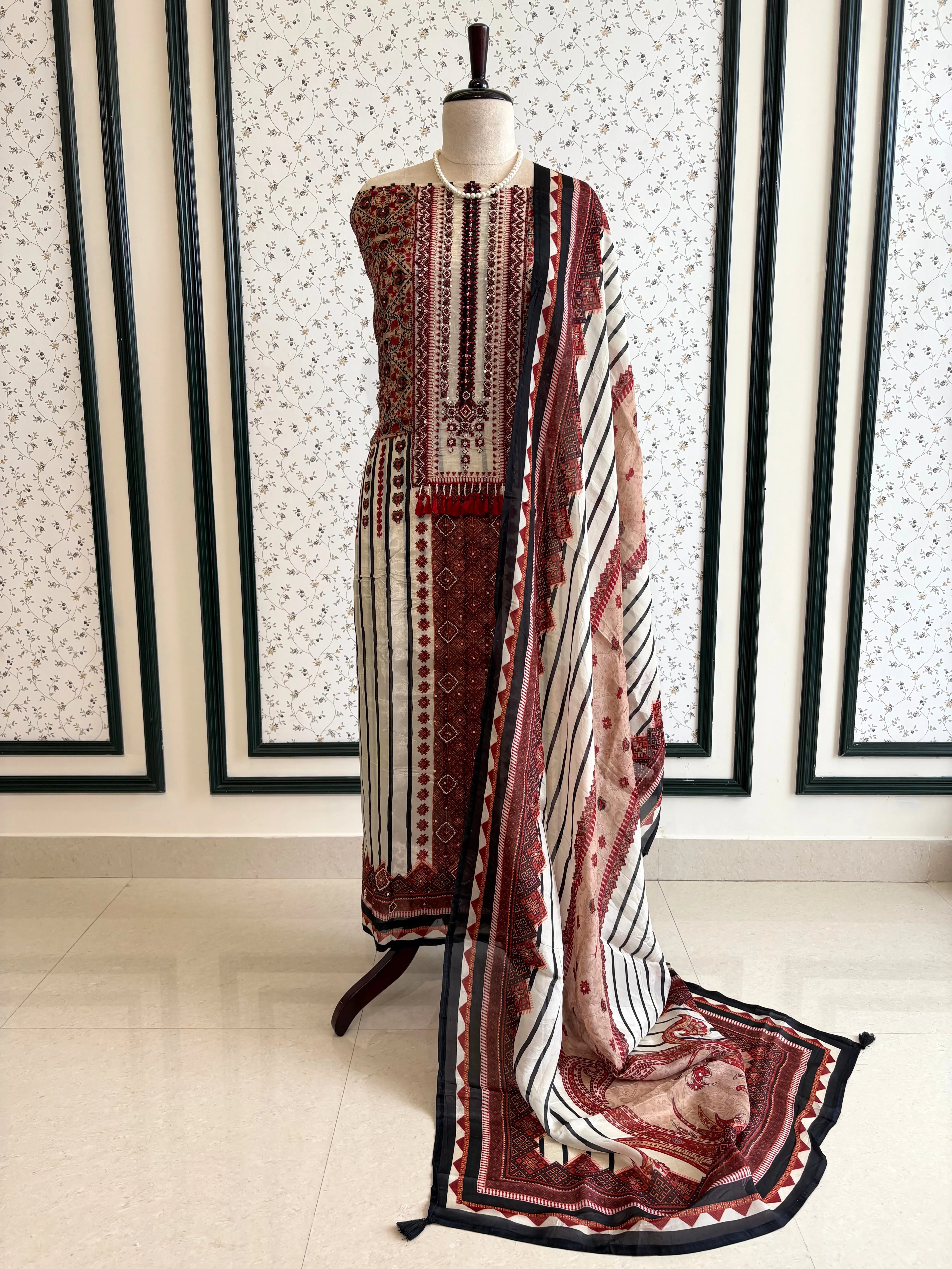 Black and white satin organza unstitched suits for ladies