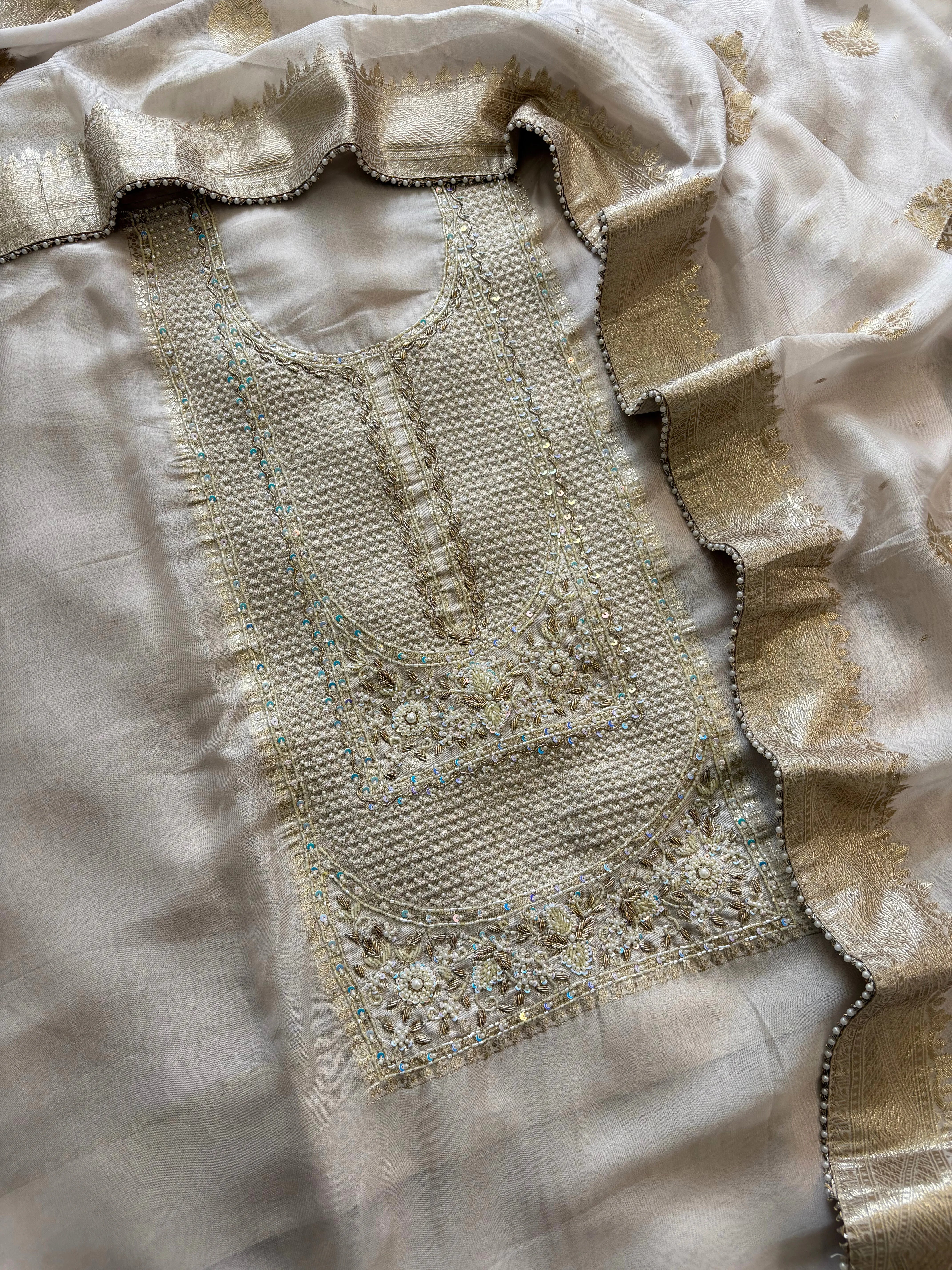 Pure Organza unstitched suit with heavy neck embellishements - The Zareesh