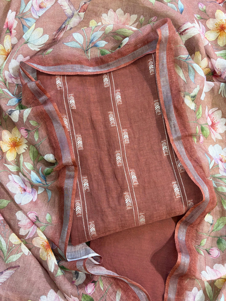 Rosewood linen suit with minimal white thread embroidery on kurta and floral digital printed dupatta, perfect for summer events and festive daywear.