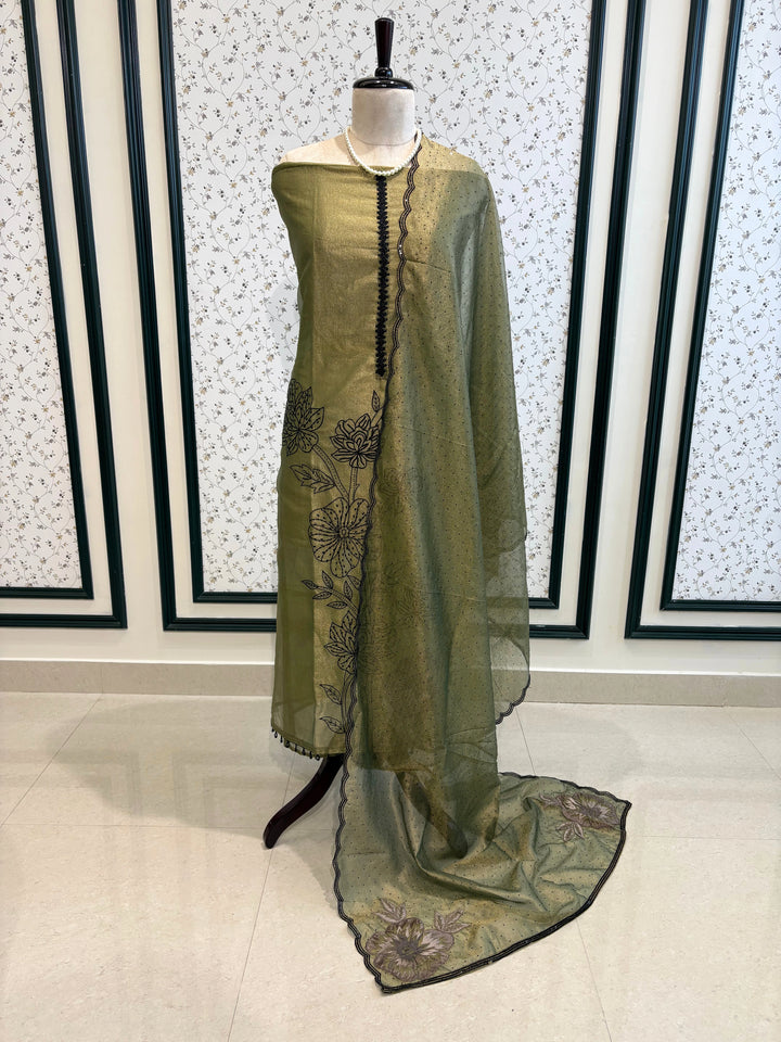 Olive Green Tissue Suit with Intricate Embroidery & Organza Dupatta