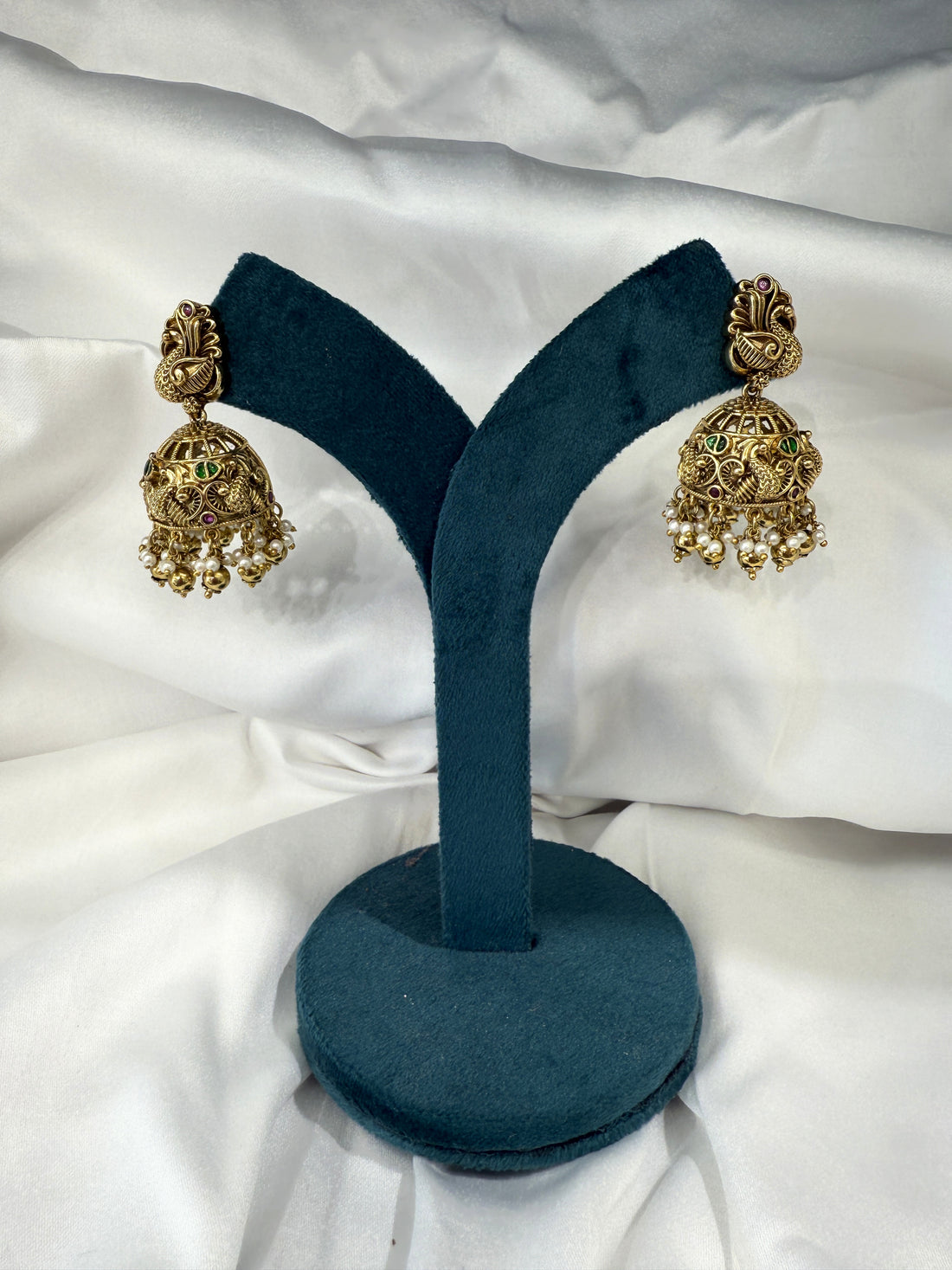 Antique Gold-Tone Peacock Temple Jhumka Earrings with Cut-Work Dome and Pearl Bead Drops