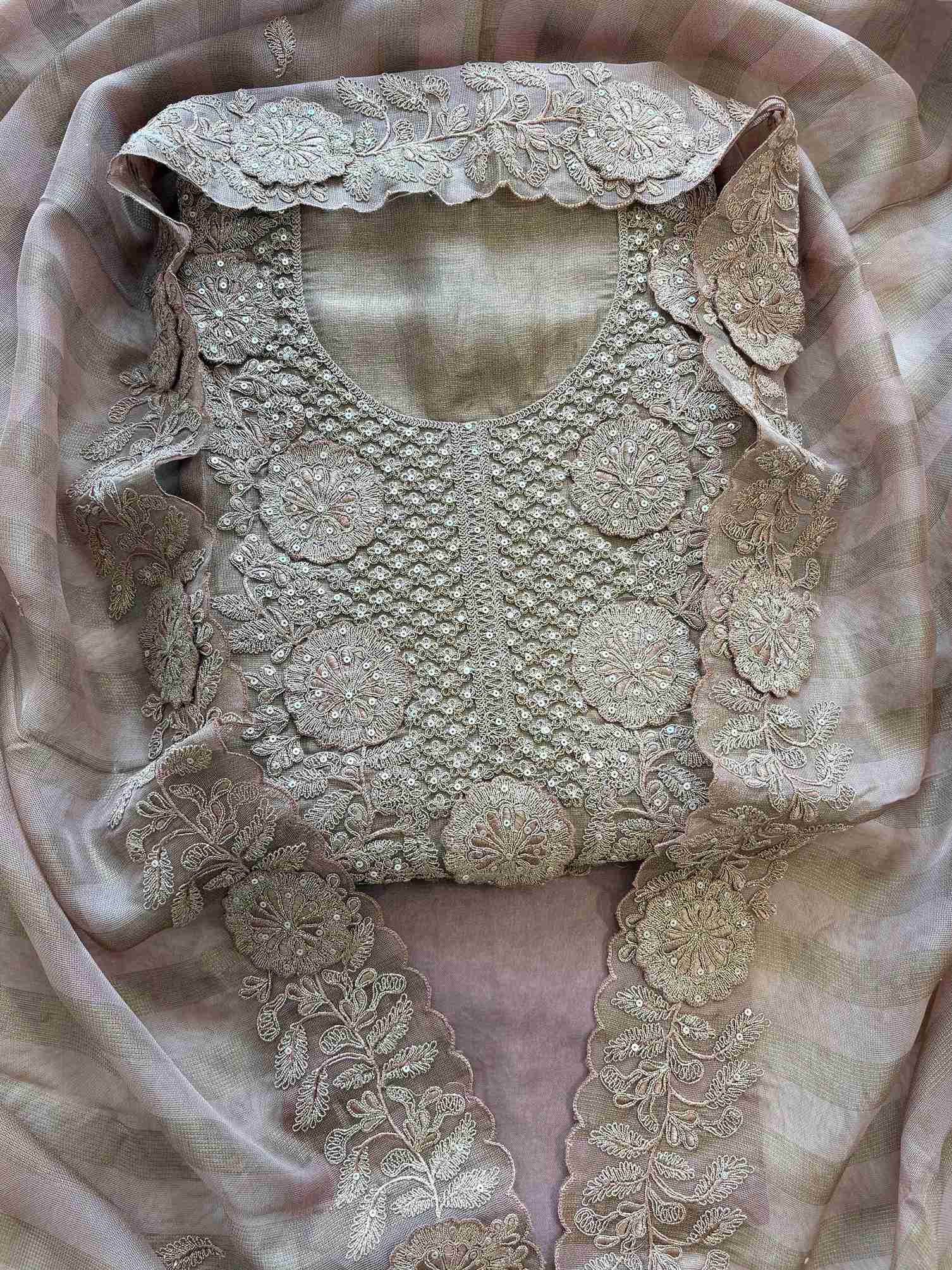 Tissue Unstitched Suit with Heavy Dori Work Neckline and Hemline