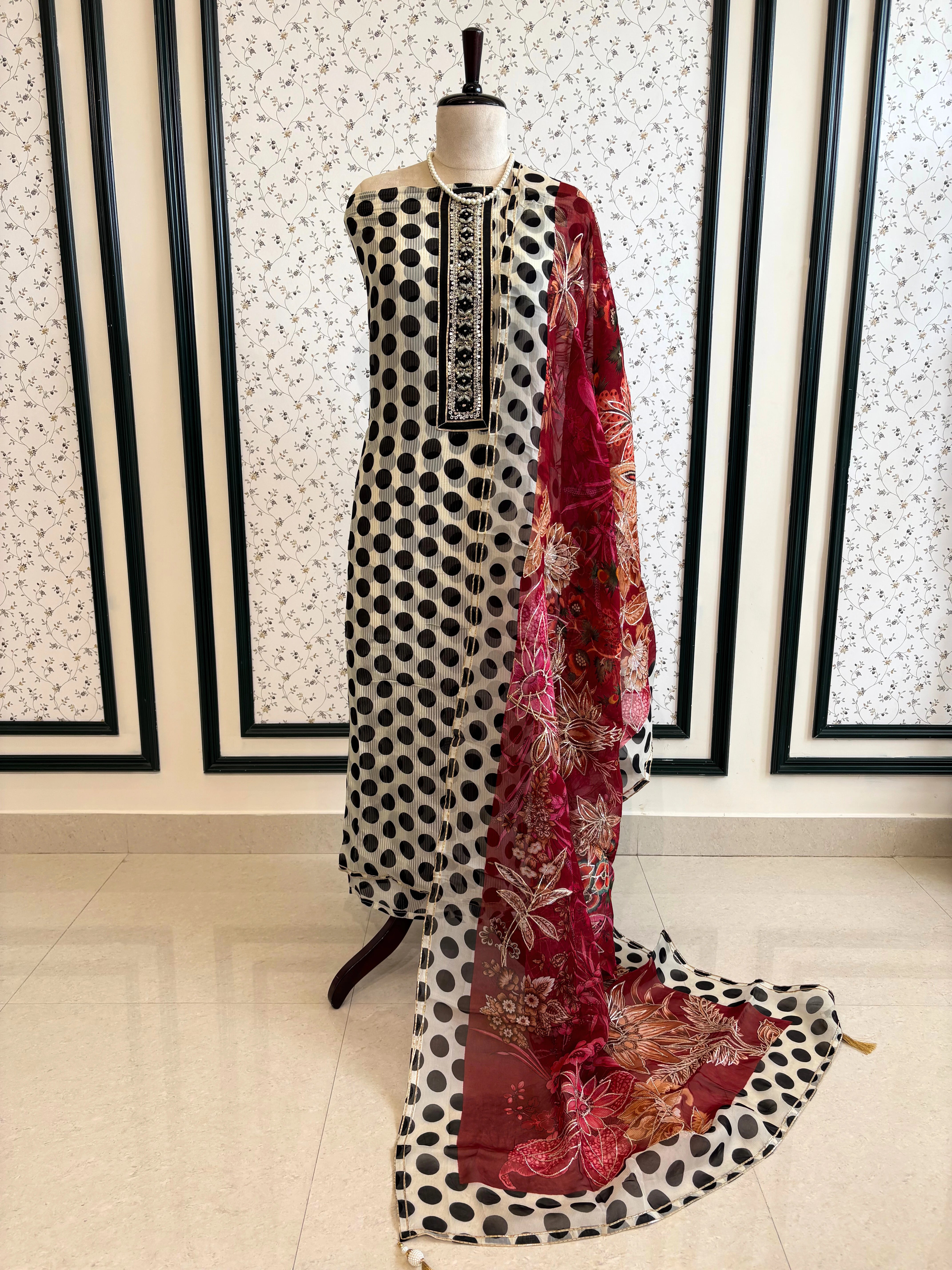 organza unstitched suit with polka dots print and multicolor dupatta