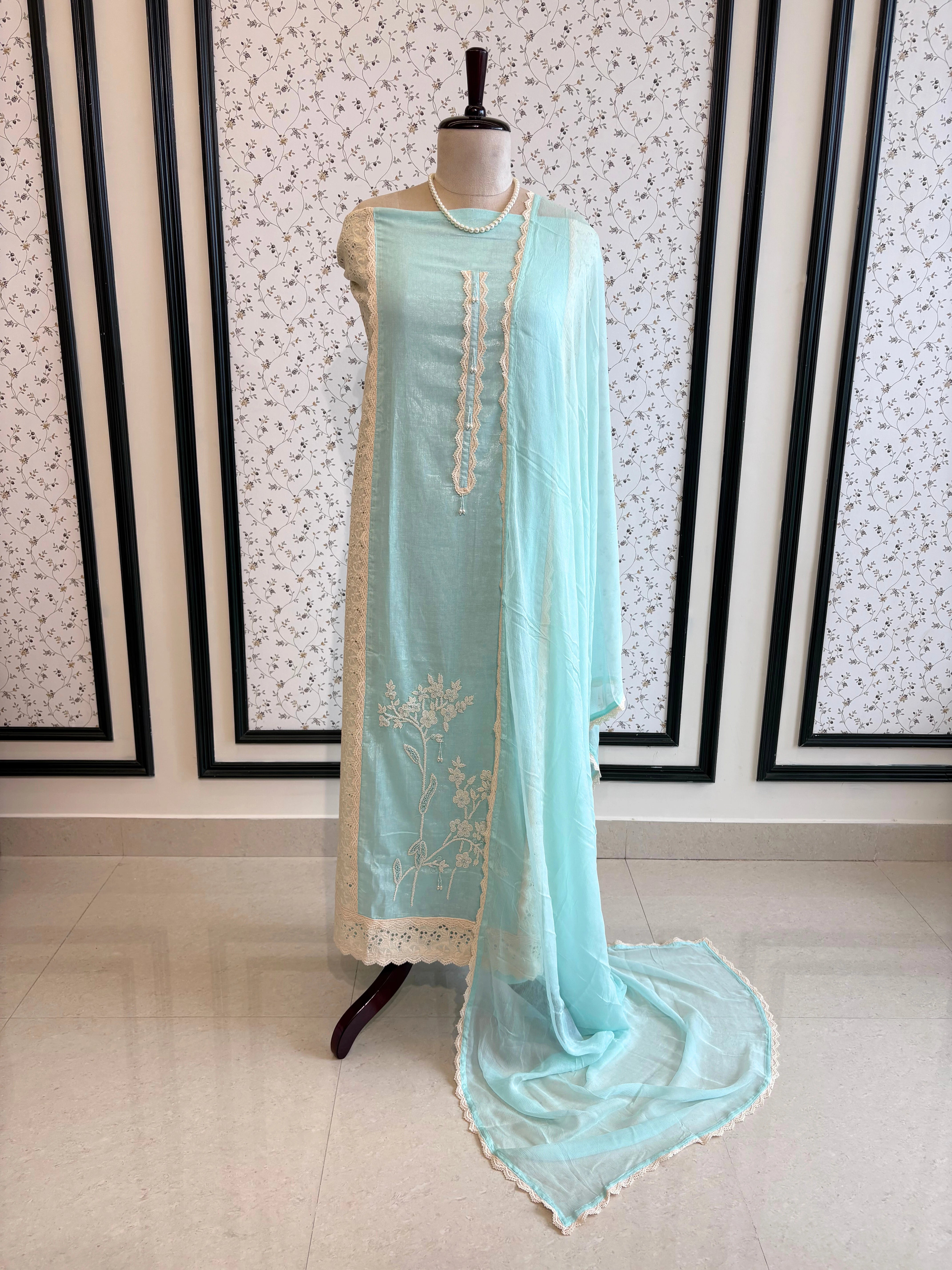 Pastel Aqua Schiffli Cotton Suit with Lace Accents & Pearl Embroidery | Summer Festive Lawn Collection