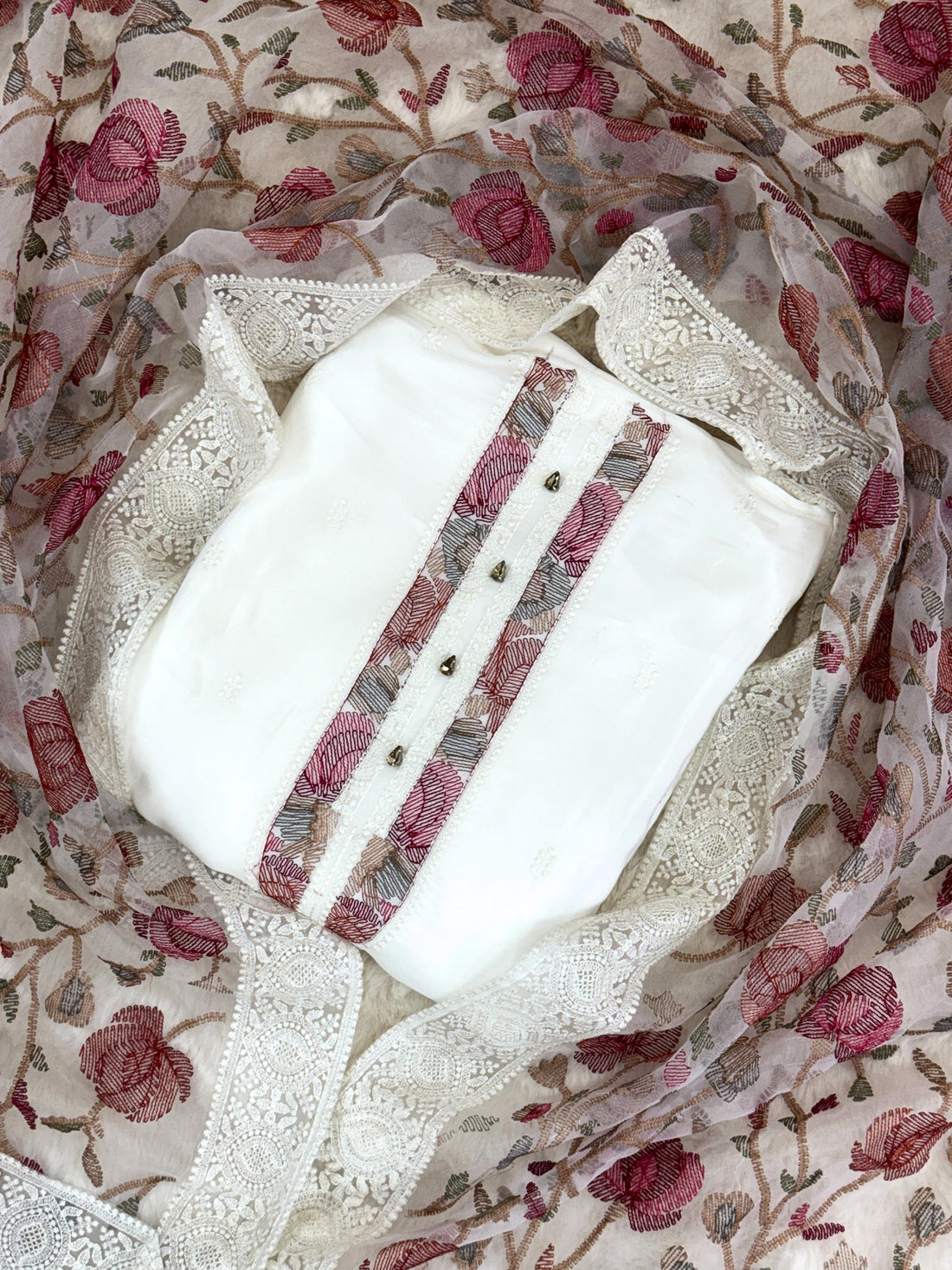 Gul-e-Ishq: Ivory Suit with Rose Threadwork & Sheer Floral Dupatta