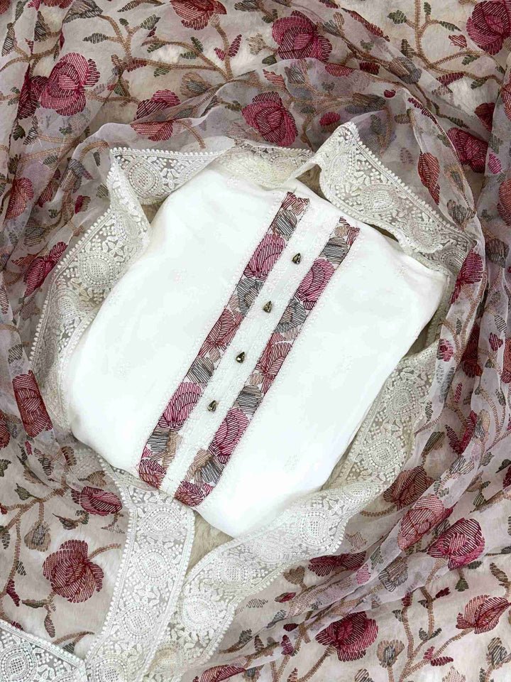 white crepe unstitched suit with jaal work dupatta