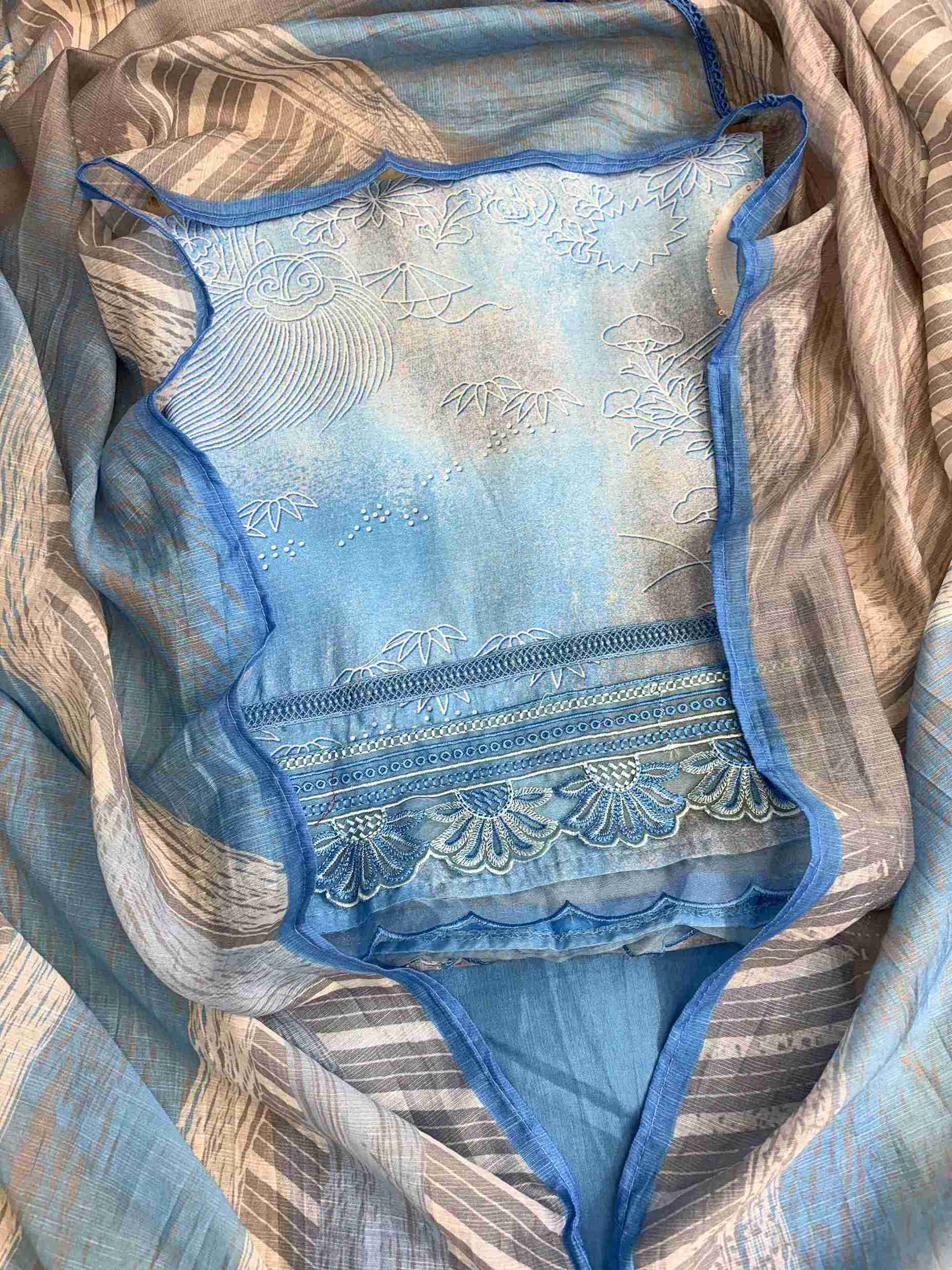Grey Blue Pure Muslin Digital Print Handwork Unstitched Suit Set