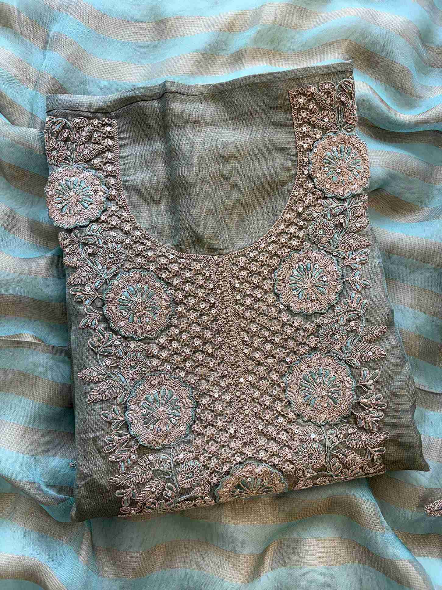 Tissue Unstitched Suit with Heavy Dori Work Neckline and Hemline