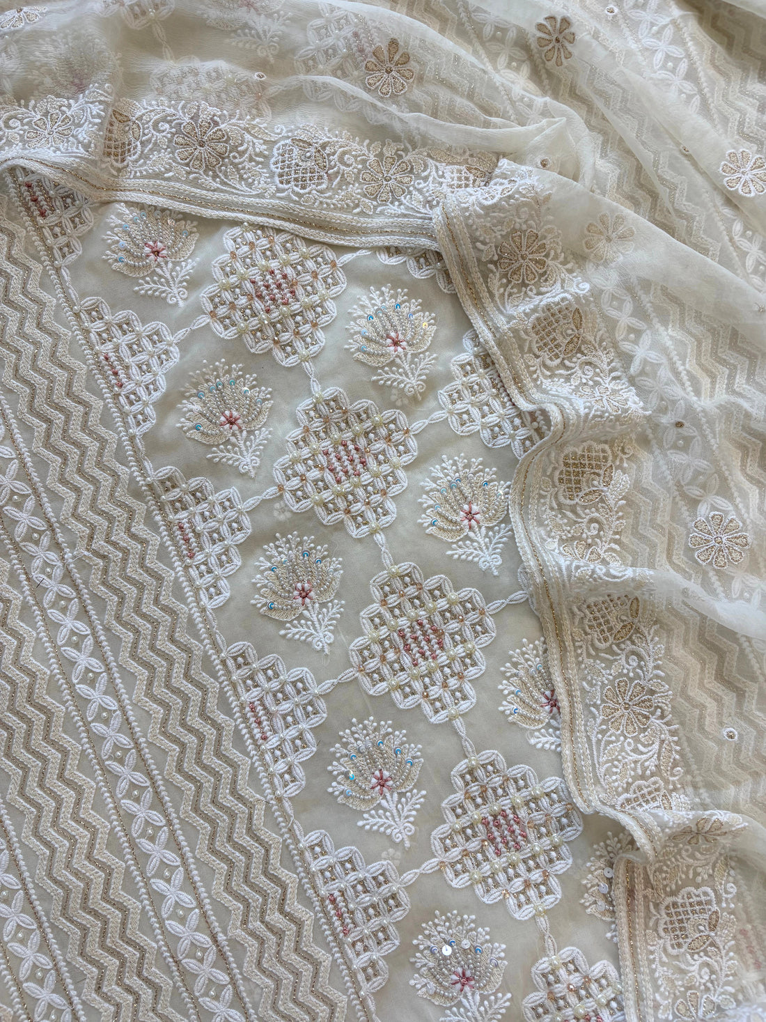 Graceful White Georgette Chikankari Suit with Beads, Sequins & Moti Embellishments