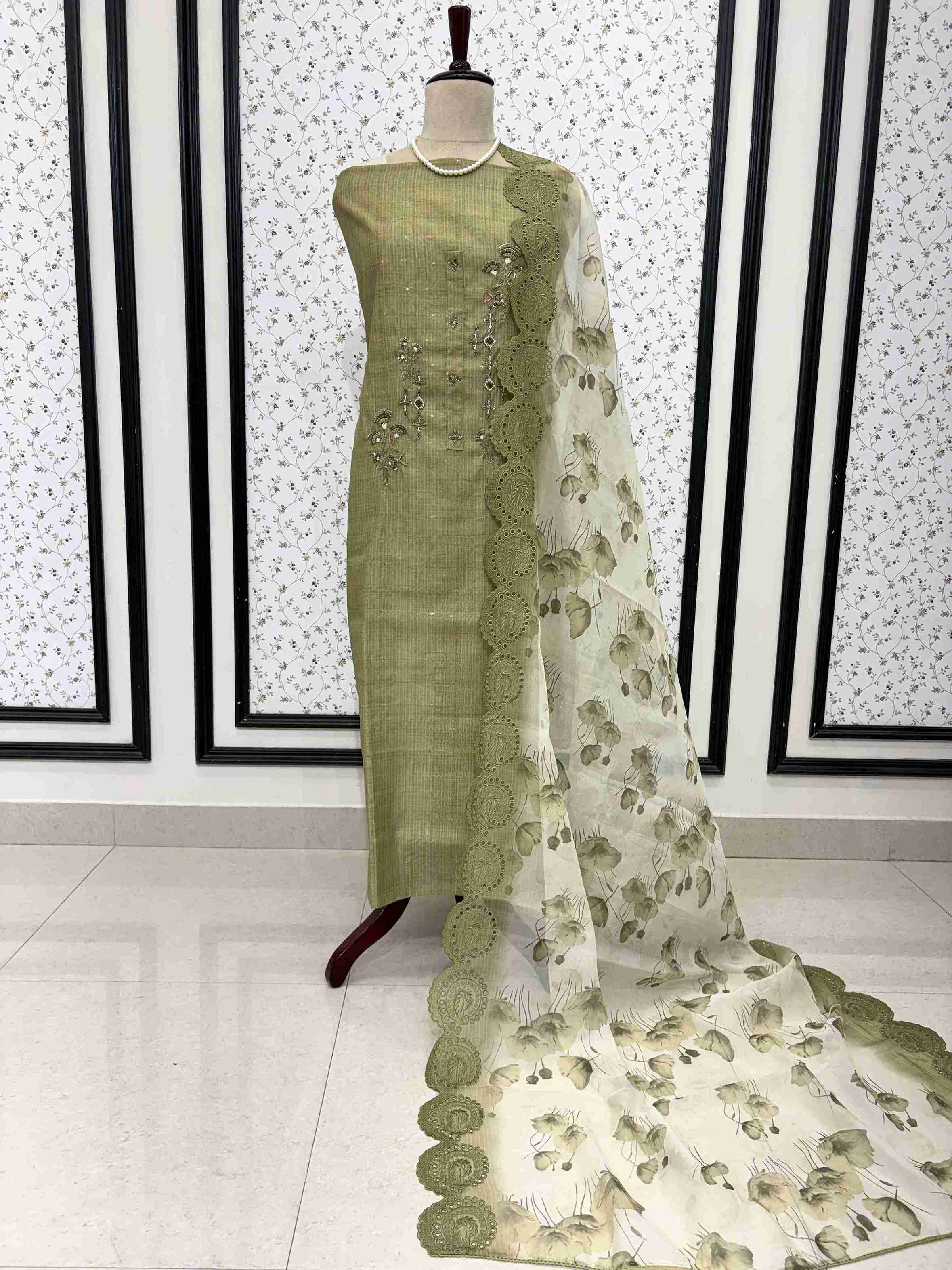 Olive Green Linen Suit with Threadwork & Organza Dupatta with Lace Detailing