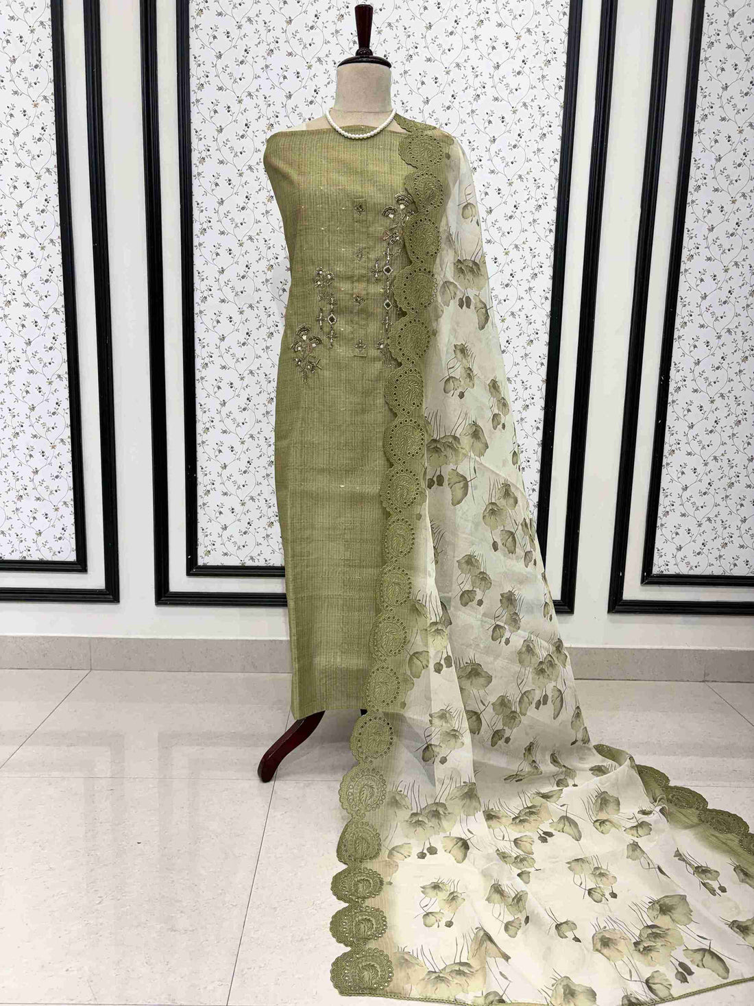 Olive Green Linen Suit with Threadwork & Organza Dupatta with Lace Detailing