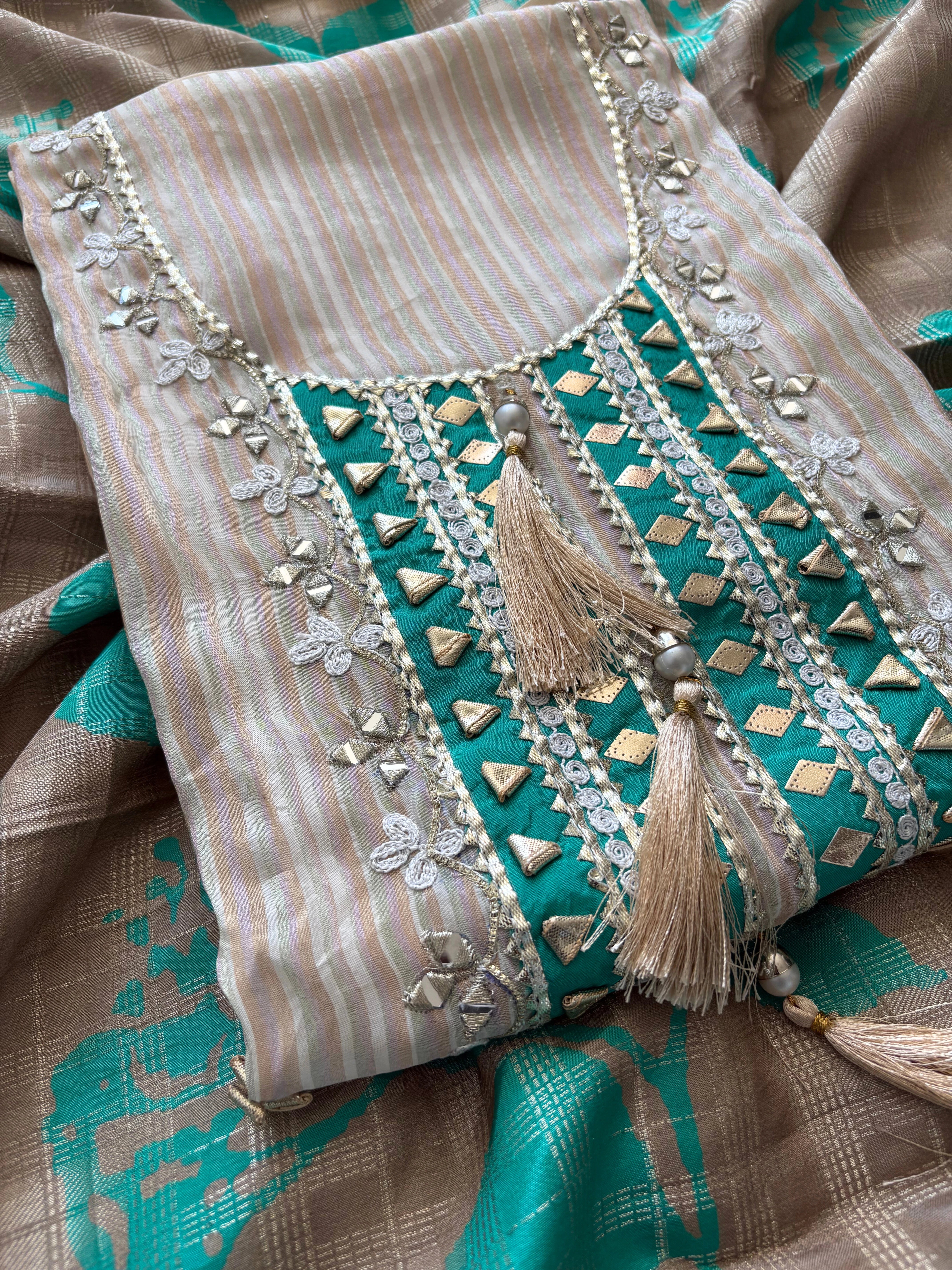 Beige & Teal Shimmer Organza Suit with Gotta Patti Embroidery
