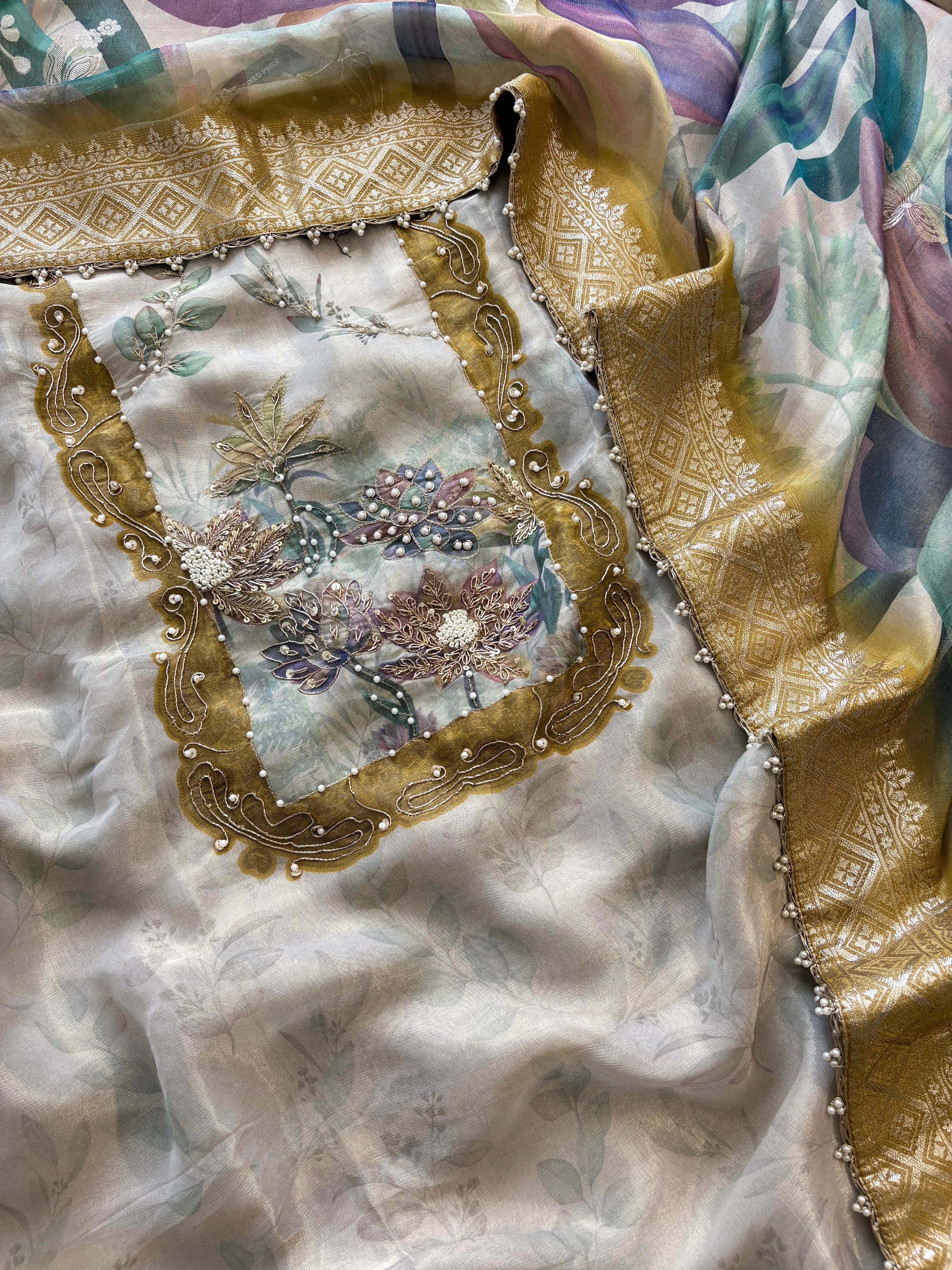 Designer Beige Organza Suit with multicolor dupatta for Festive Wear  | Party Wear