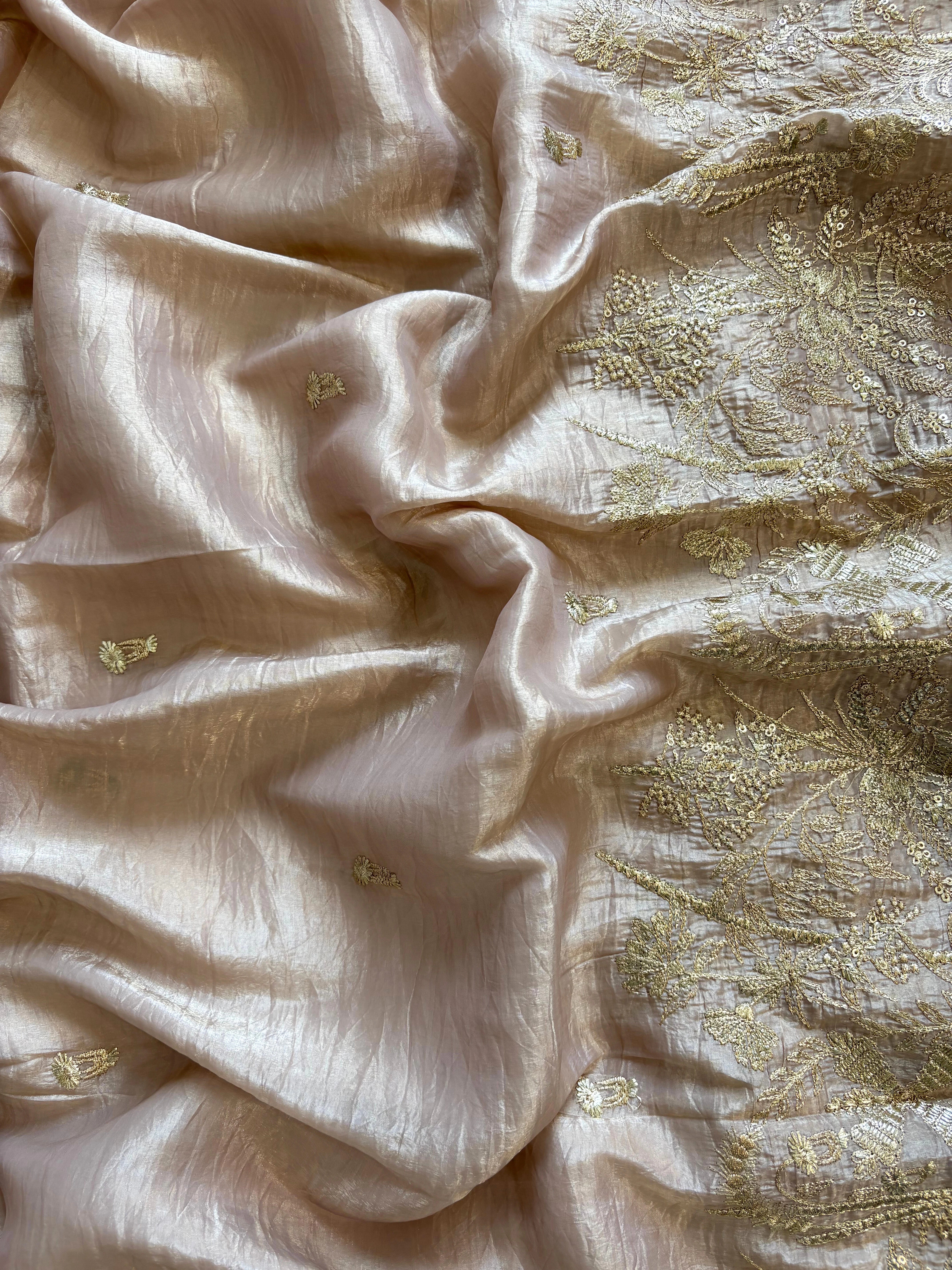 Nude Mauve Tissue Suit with Zari Embroidery & Tissue Dupatta