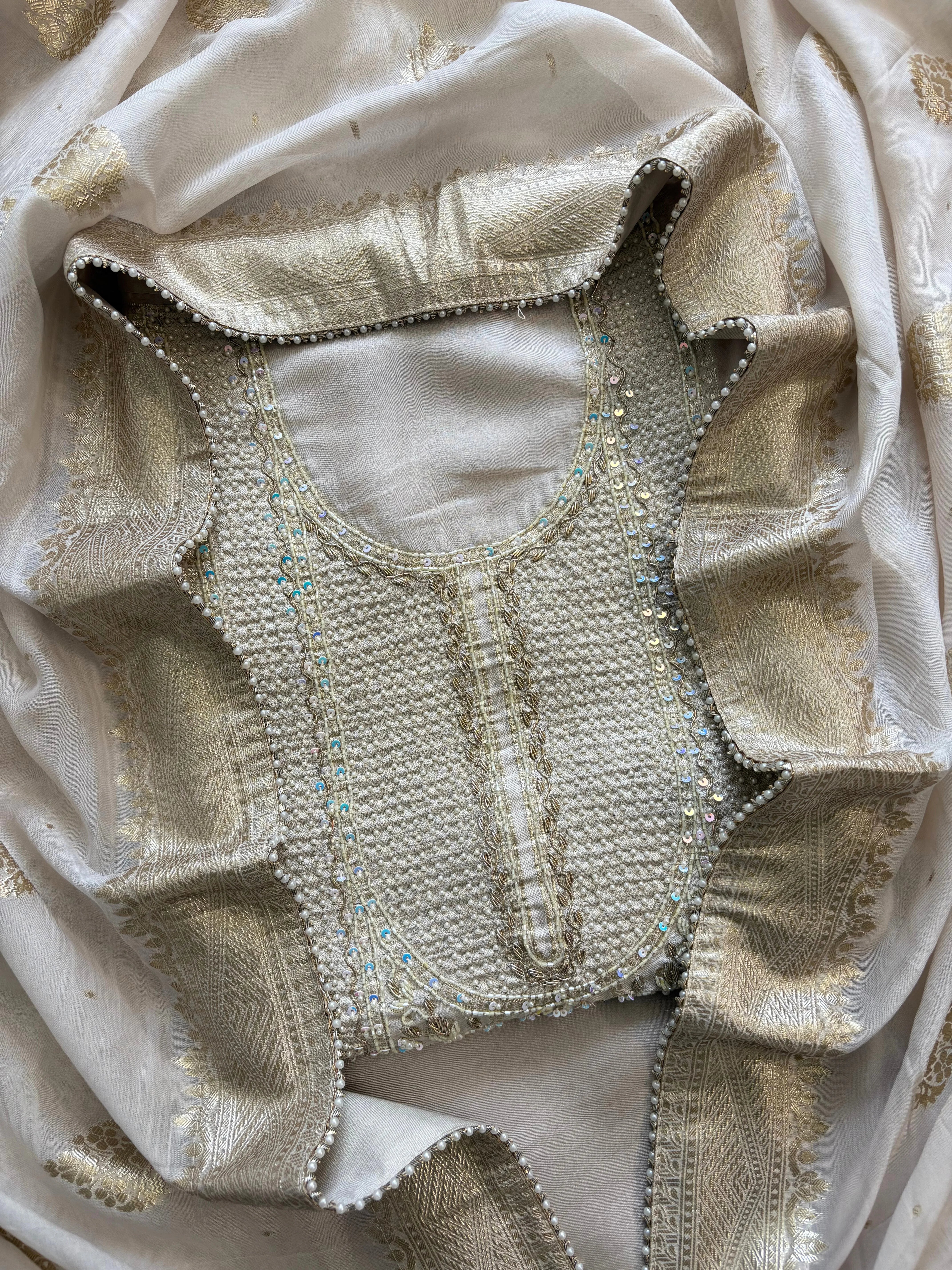 Pure Organza unstitched suit with heavy neck embellishements - The Zareesh