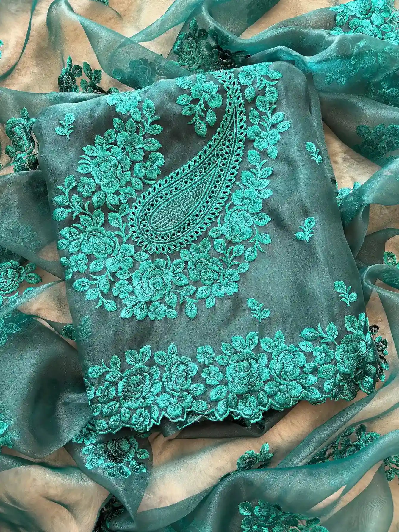 Glass tissue Designer Heavy floral thread embroidered Suit - The Zareesh