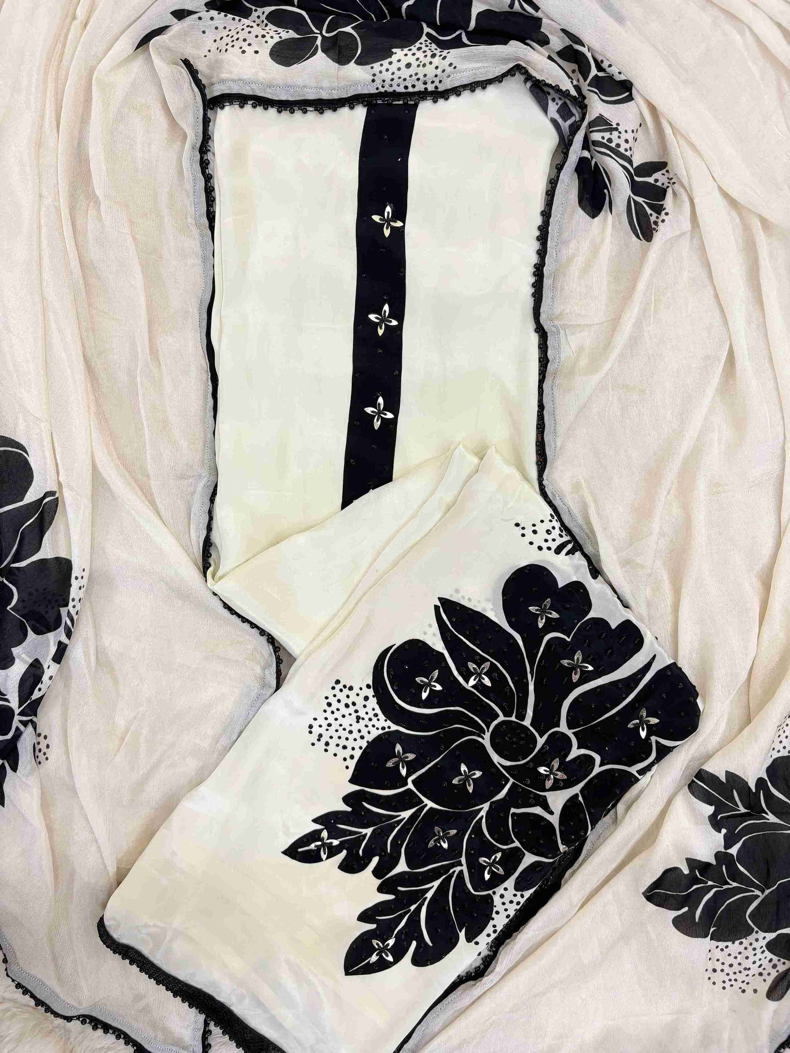 black and white crepe unstitched suit for women in black and white color
