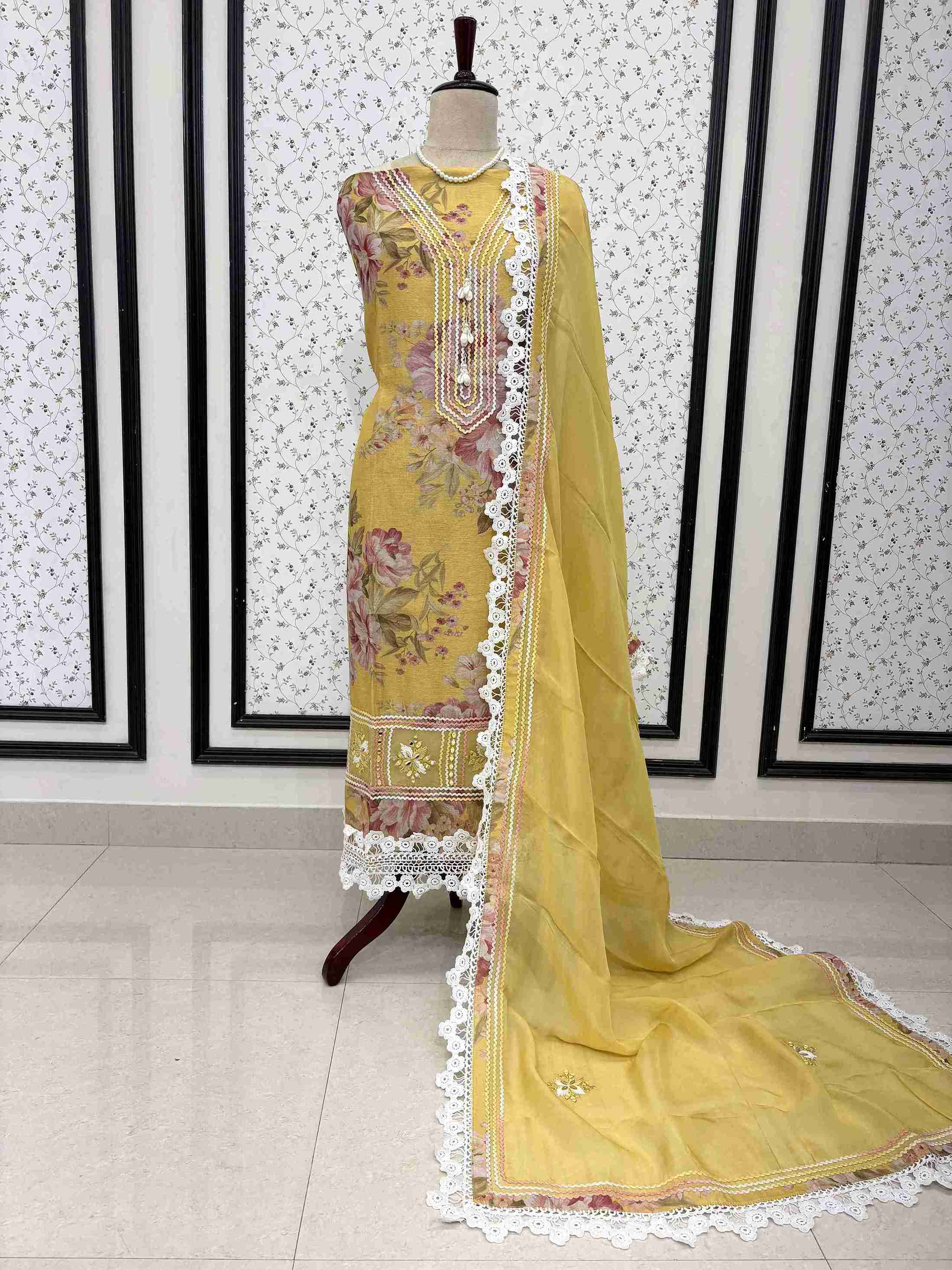 Haya-e-Bahar: Pastel Yellow Floral Linen Suit with Lace Detailing Organza Dupatta
