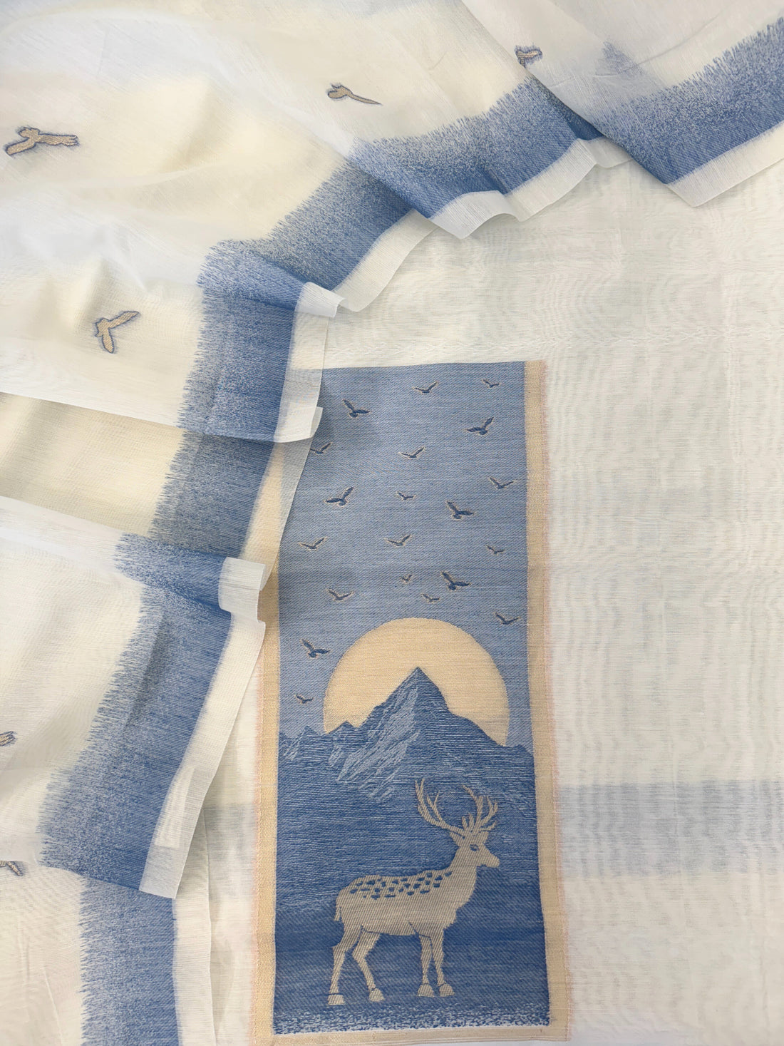 Scenic Blue & Ivory Jamdaani Suit with Mountain & Deer Motif – Artistic Ethnic Wear