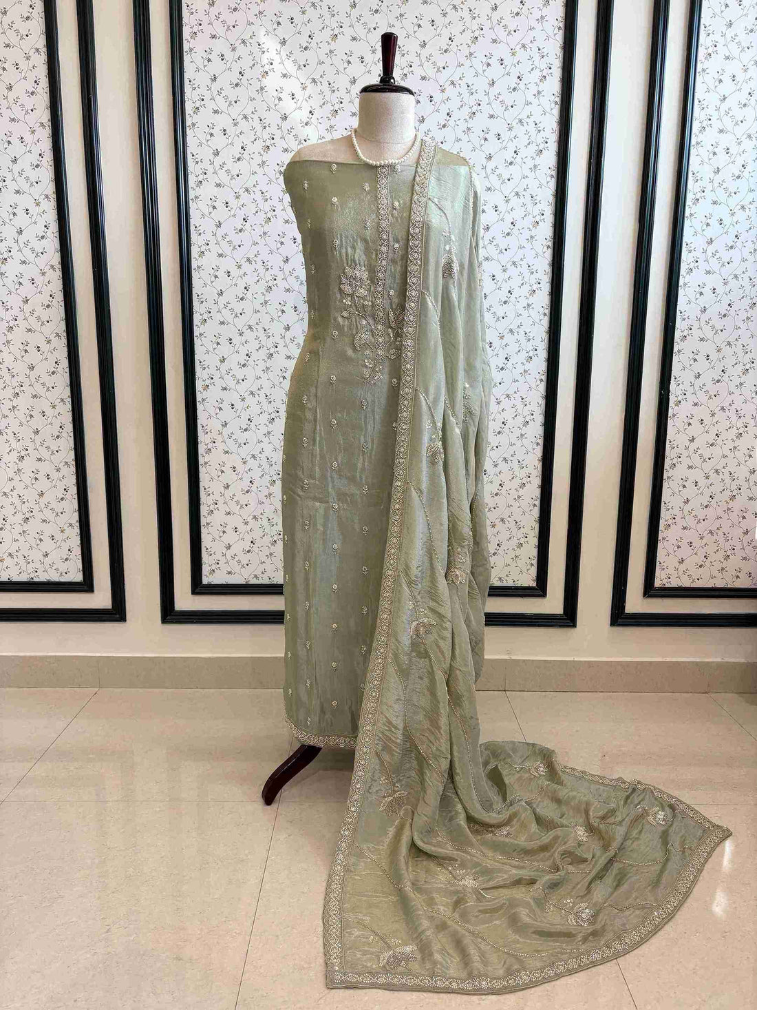 Shimmer Tissue Partywear Unstitched suits with dabka and cutdana work - The Zareesh